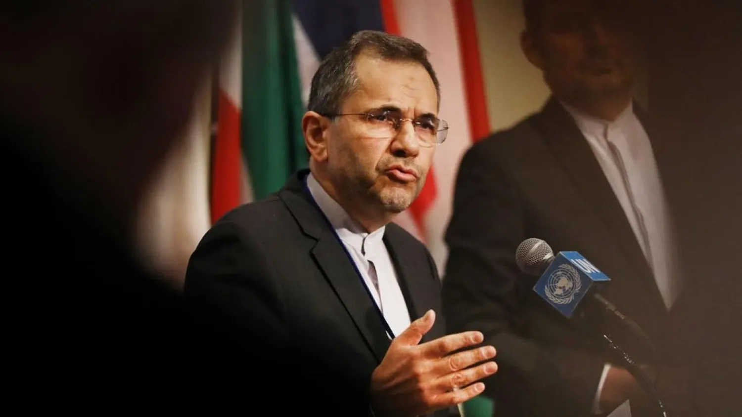 Iran’s Ambassador to the United Nations Majid Takht Ravanchi speaks to the media. (File Photo/AFP)
