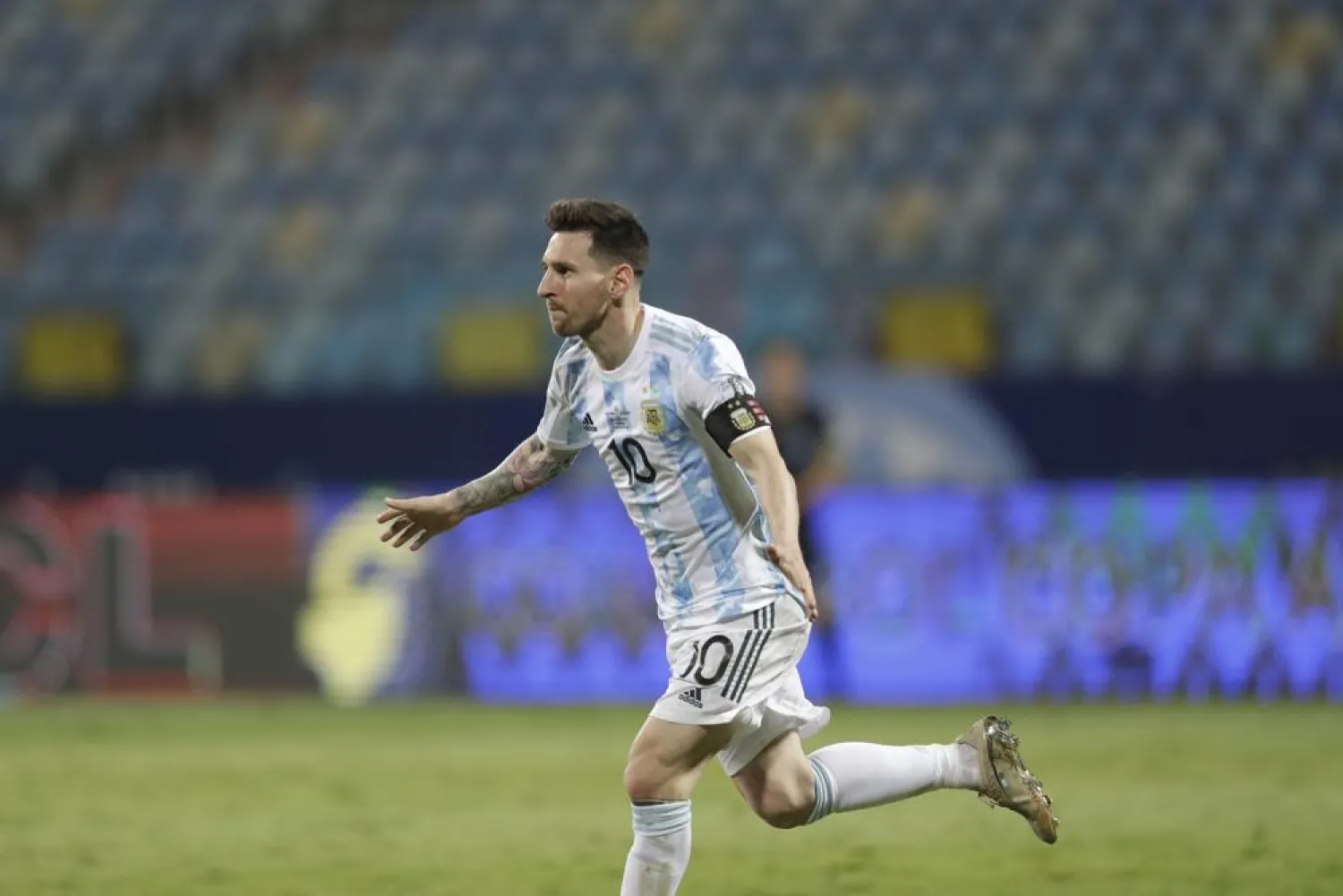 Argentina’s Lionel Messi celebrates scoring his side’s third goal against Ecuador during the match at the Olimpico stadium in Goiania, Brazil, Saturday, July 3, 2021. (AP)