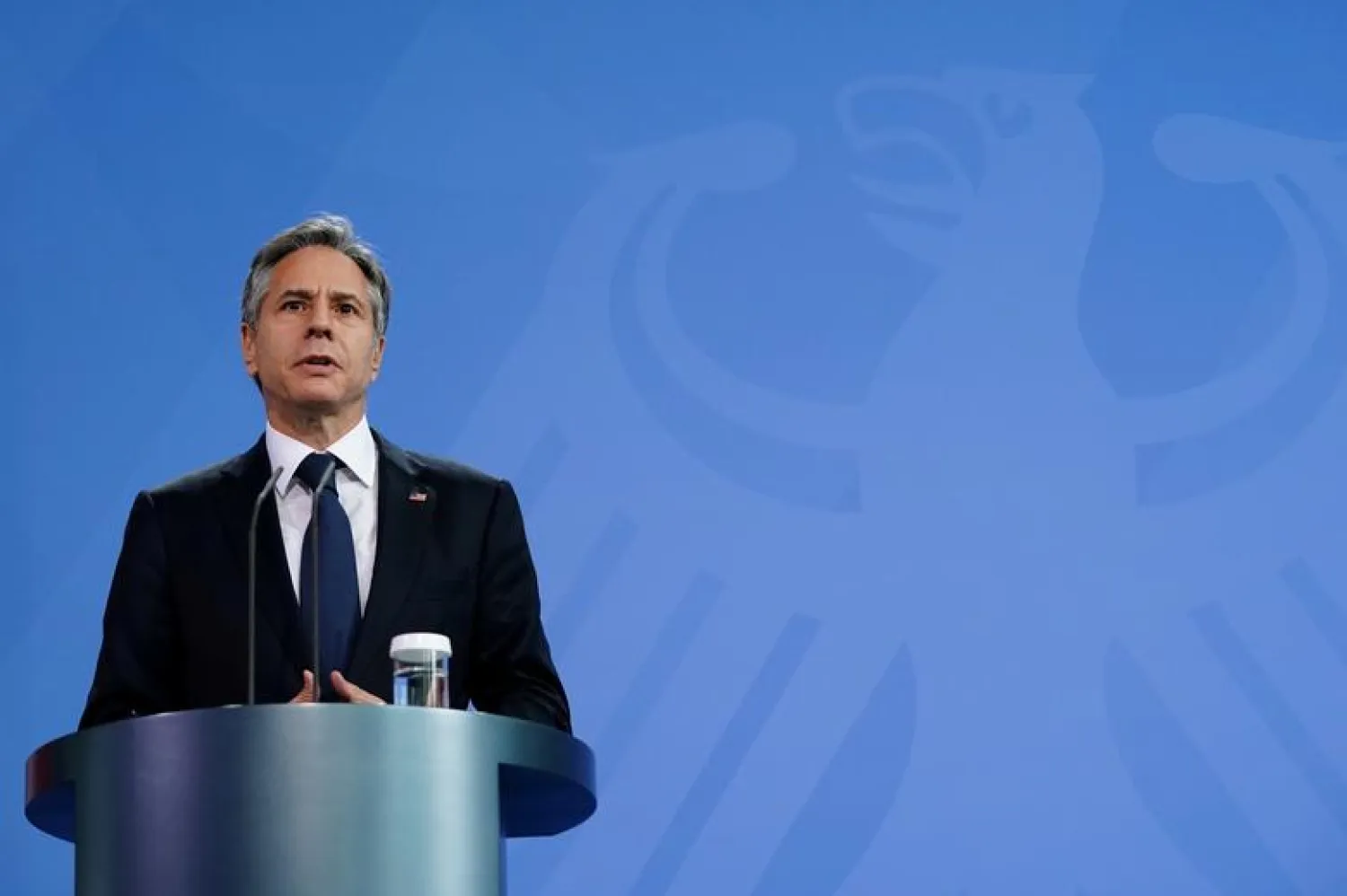  US Secretary of State Antony Blinken speaks during a joint news conference with German Chancellor Angela Merkel (not in the picture) at the Chancellery in Berlin, Germany June 23, 2021. Clemens Bilan/Pool via REUTERS

