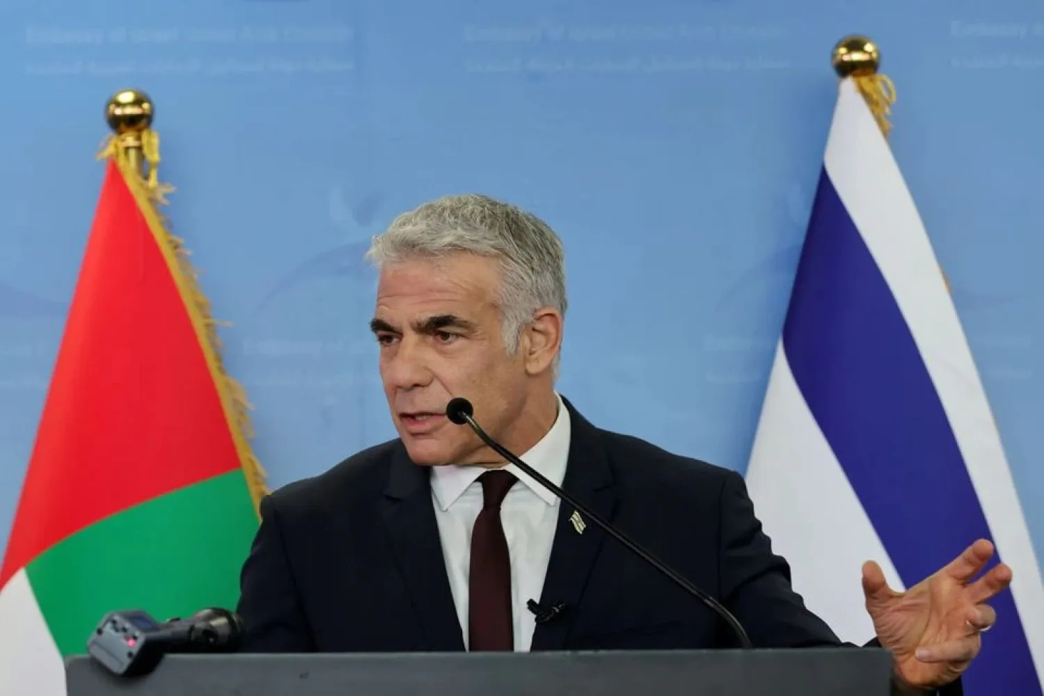 Israeli alternate Prime Minister and Foreign Minister Yair Lapid speaks during a news conference in Dubai, United Arab Emirates, June 30, 2021. (Reuters)