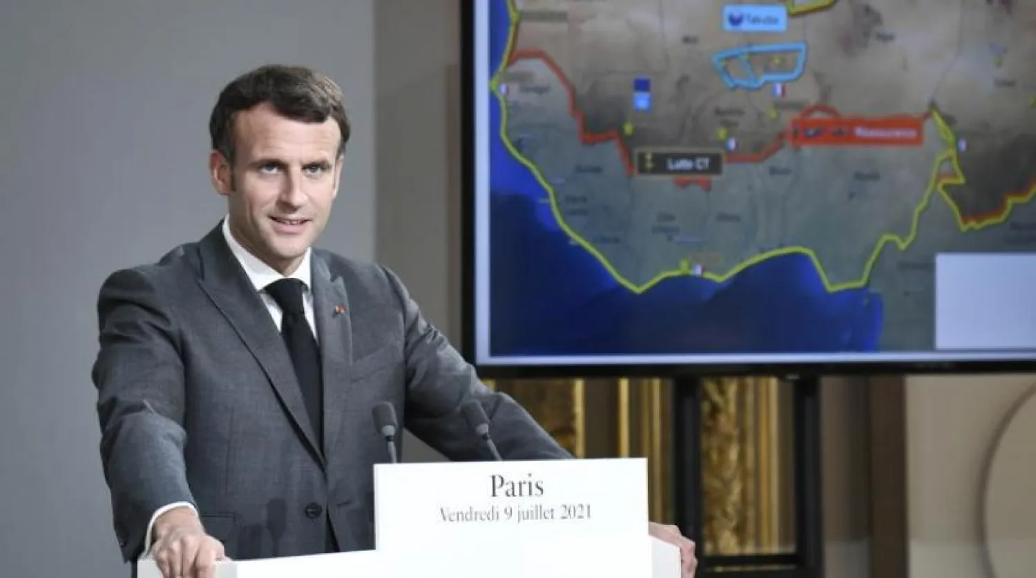 French President Emmanuel Macron delivers a speech during a joint press conference with Niger's President at the Elysee presidential Palace, in Paris, France, 09 July 2021, following a video summit with leaders of G5 Sahel countries after France's decision last month to reduce French anti-terror troops in West Africa. EPA/STEPHANE DE SAKUTIN
