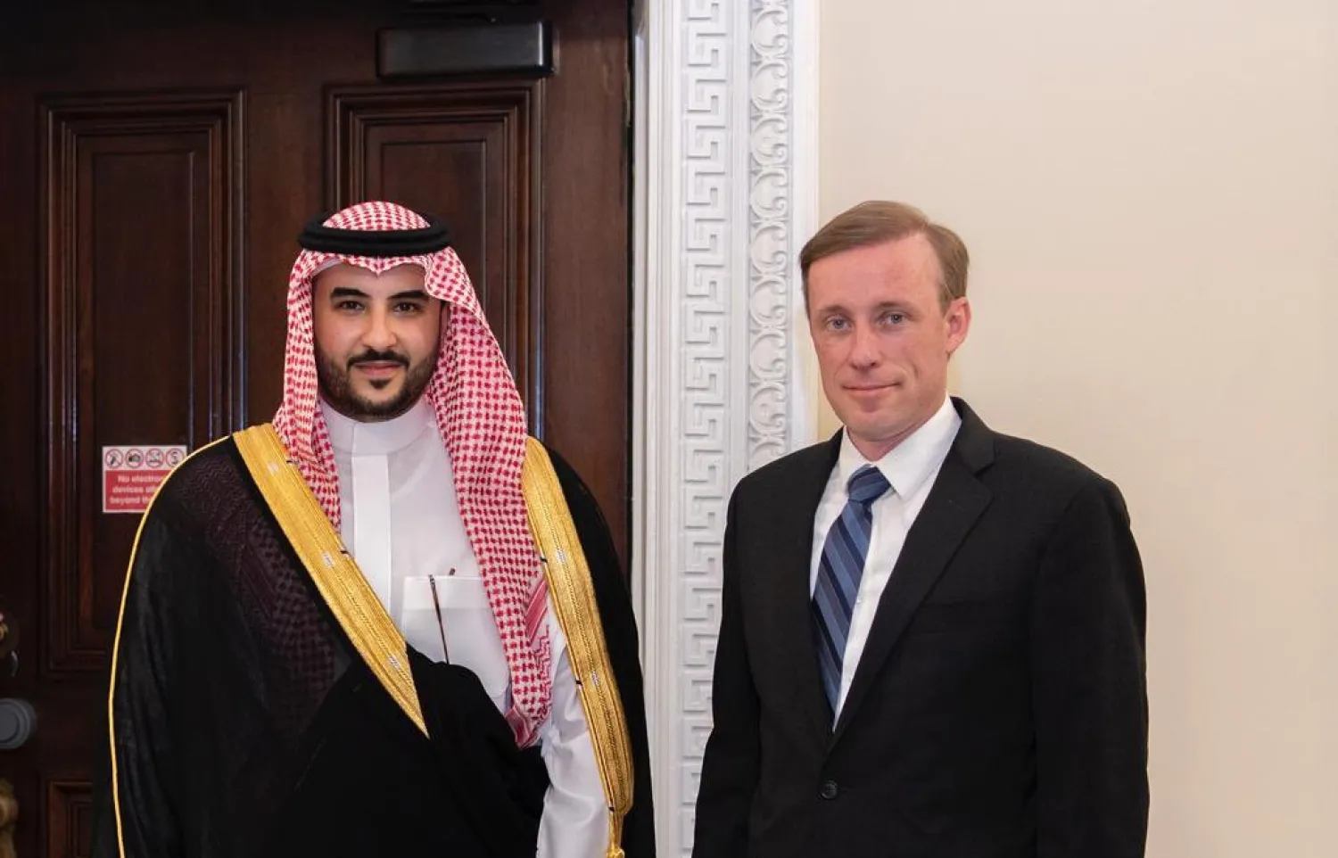 Prince Khalid meets with National Security Advisor Jake Sullivan. (Twitter)