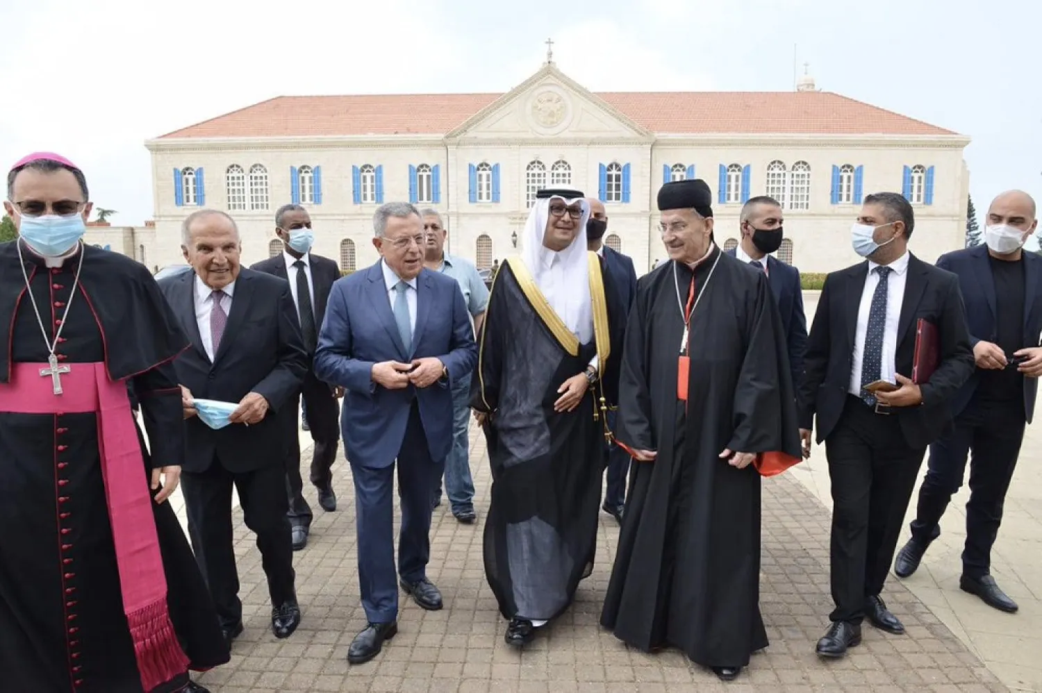 Saudi Ambassador to Lebanon Walid Bukhari (C), former Prime Minister Fuad Siniora (L) and Maronite Patriarch Beshara al-Rai (R) at Bkirki on Thursday. (Twitter)