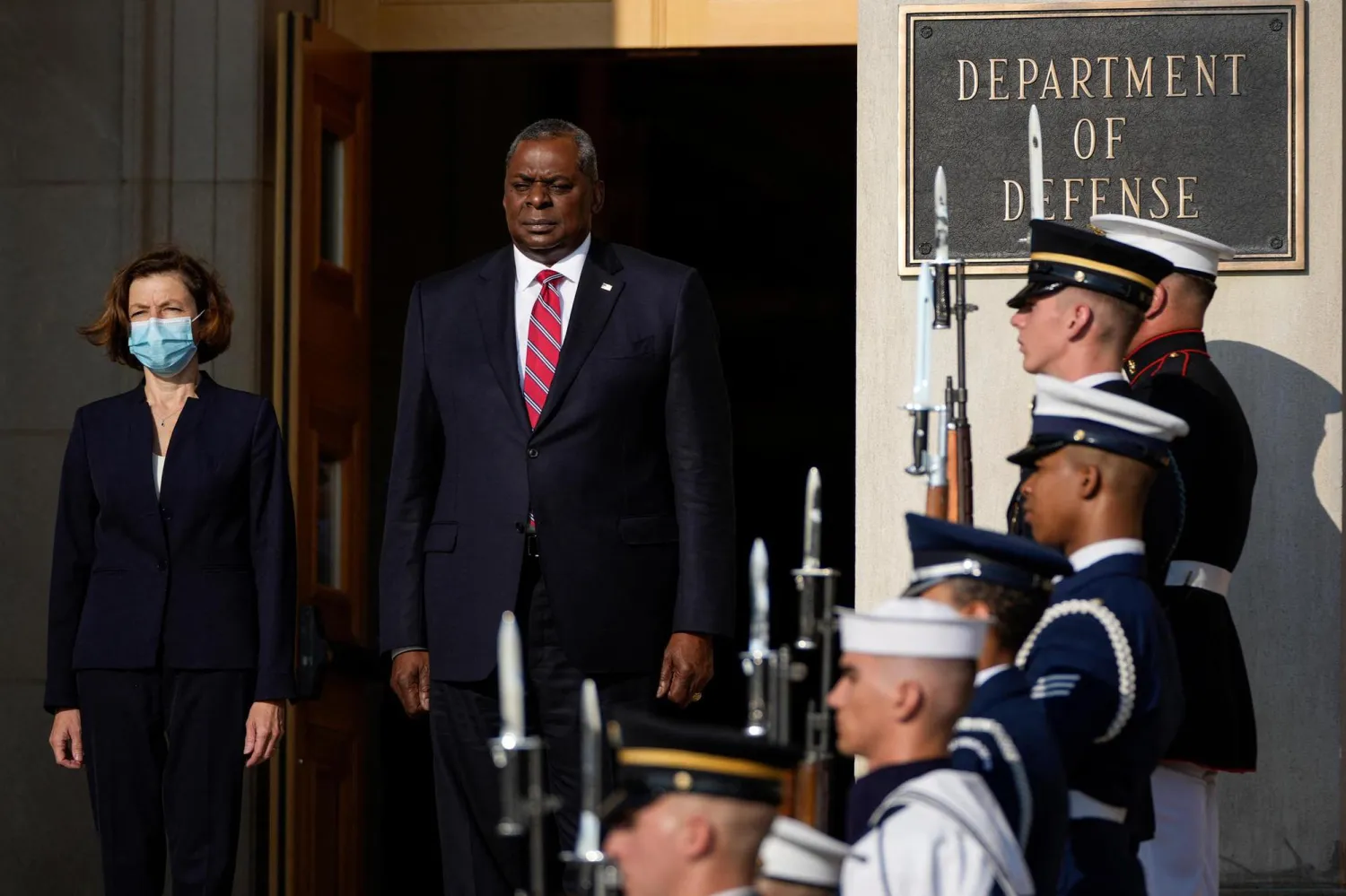 US Defense Secretary Lloyd Austin greets French Defense Minister Florence Parly for talks at the Pentagon in Washington, DC, on July 9, 2021. (Photo by Nicholas Kamm / AFP)