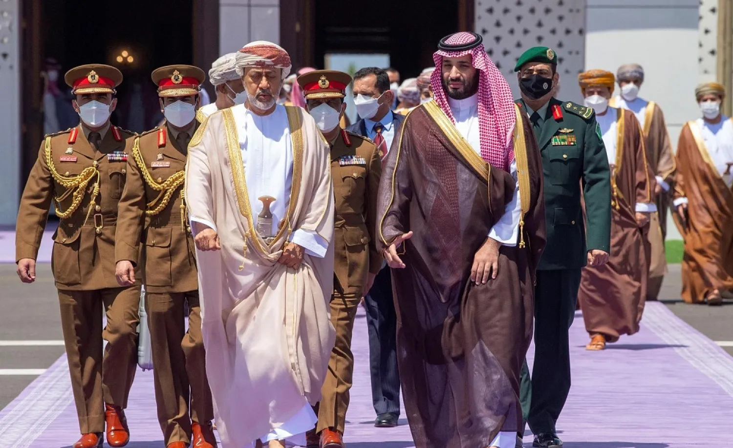 Crown Prince Mohammed bin Salman sees off Sultan Haitham at the airport before his departure from the Kingdom. (SPA)