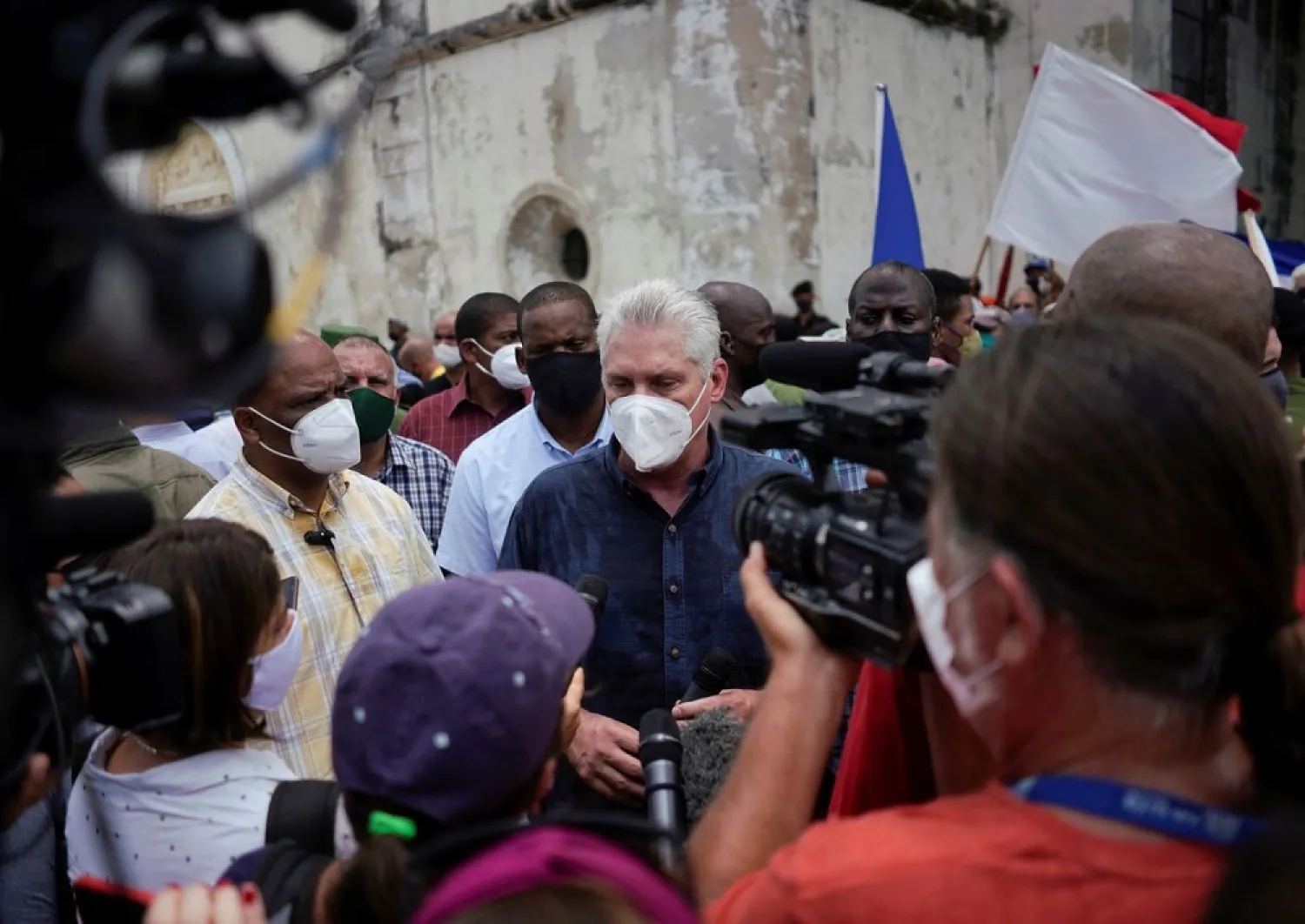 Cuba's President Miguel Diaz-Canel talks to the media, in San Antonio de los Banos, Cuba July 11, 2021. (Reuters)