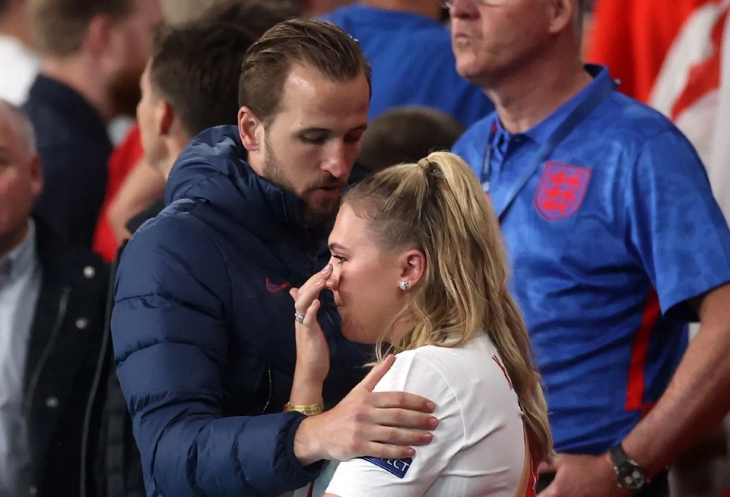 England's Harry Kane and wife Katie Goodland look dejected after the match. (Reuters)