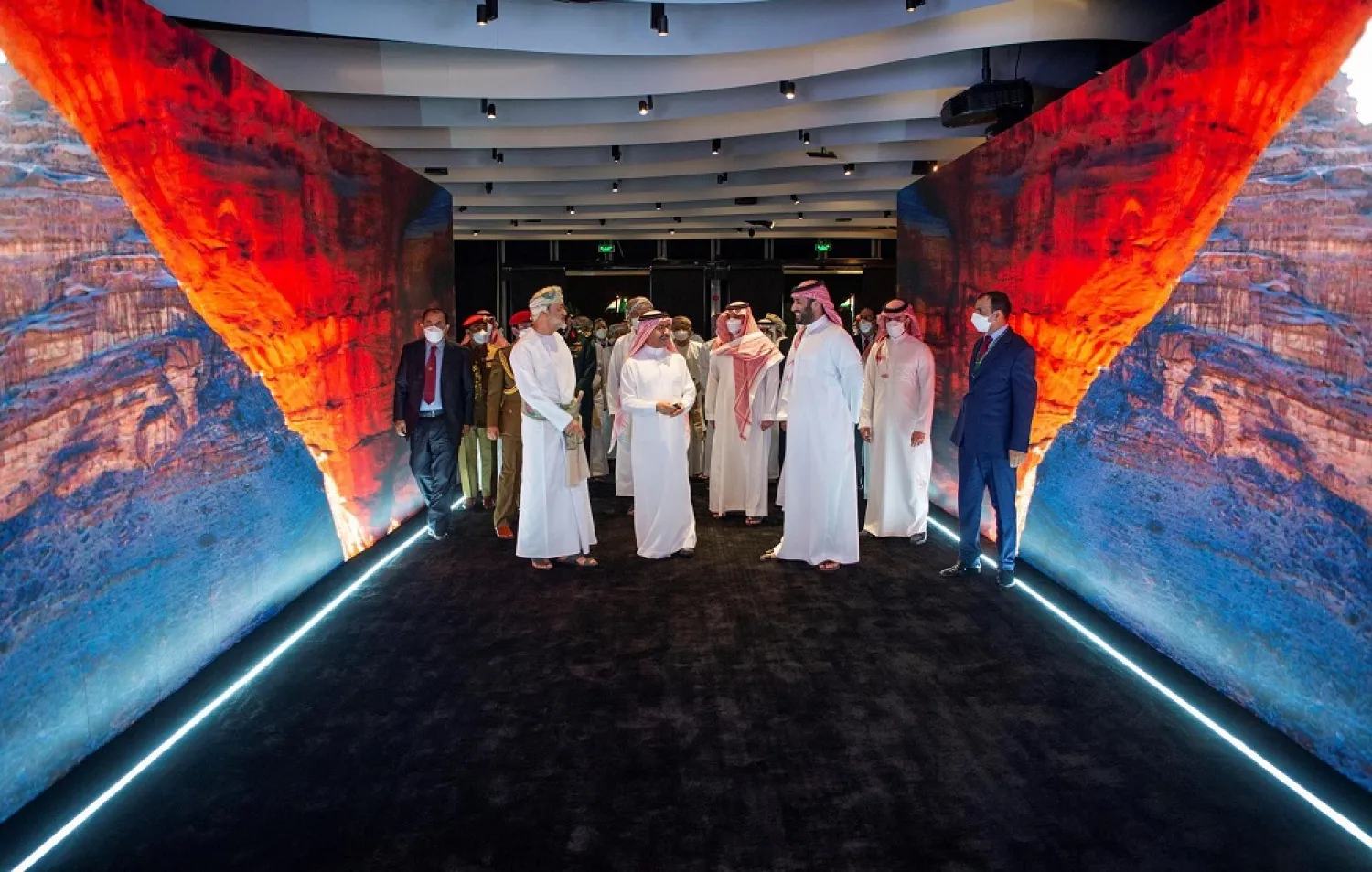 Crown Prince Mohammed and the Sultan of Oman at Neom’s Center for Knowledge Enrichment. (SPA)