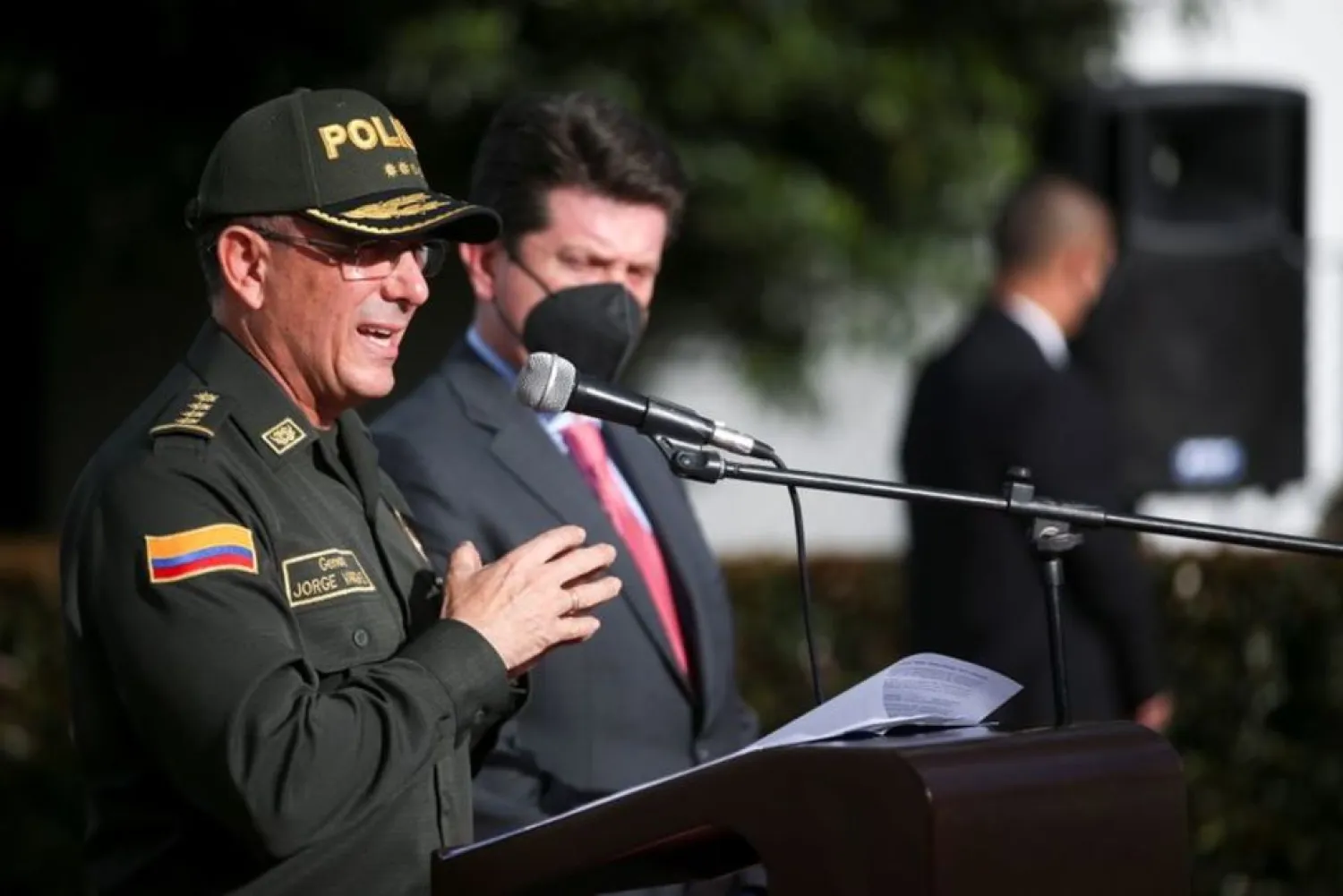Colombia's National Police Director General Jorge Luis Vargas speaks during a news conference about the participation of several Colombians in the assassination of Haitian President Jovenel Moise, in Bogota, Colombia July 12, 2021. (Reuters)