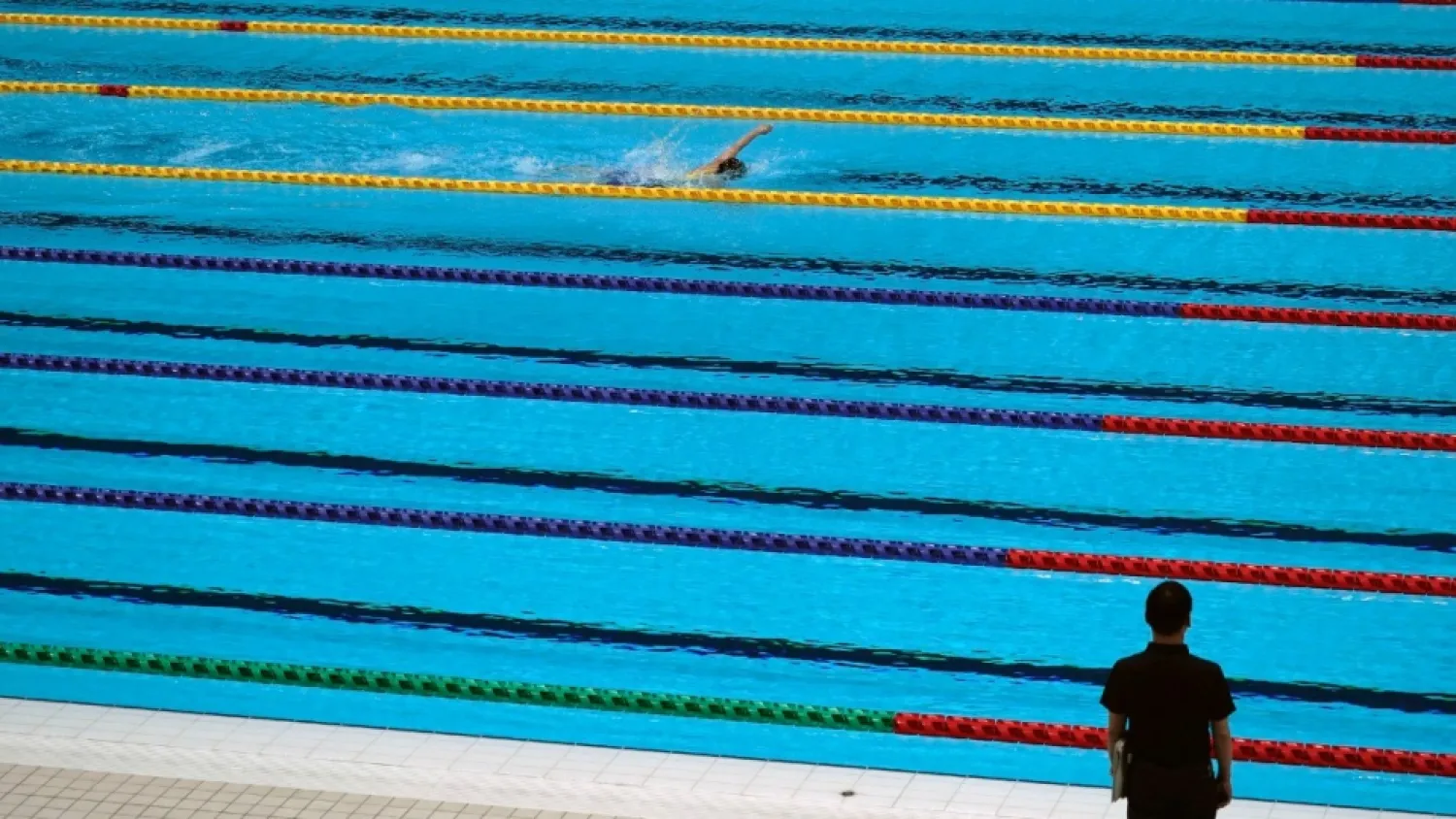 Paralympic swimming test event at the Tokyo Aquatics Centre, on April 26, 2021. (Eugene Hoshiko / AP)