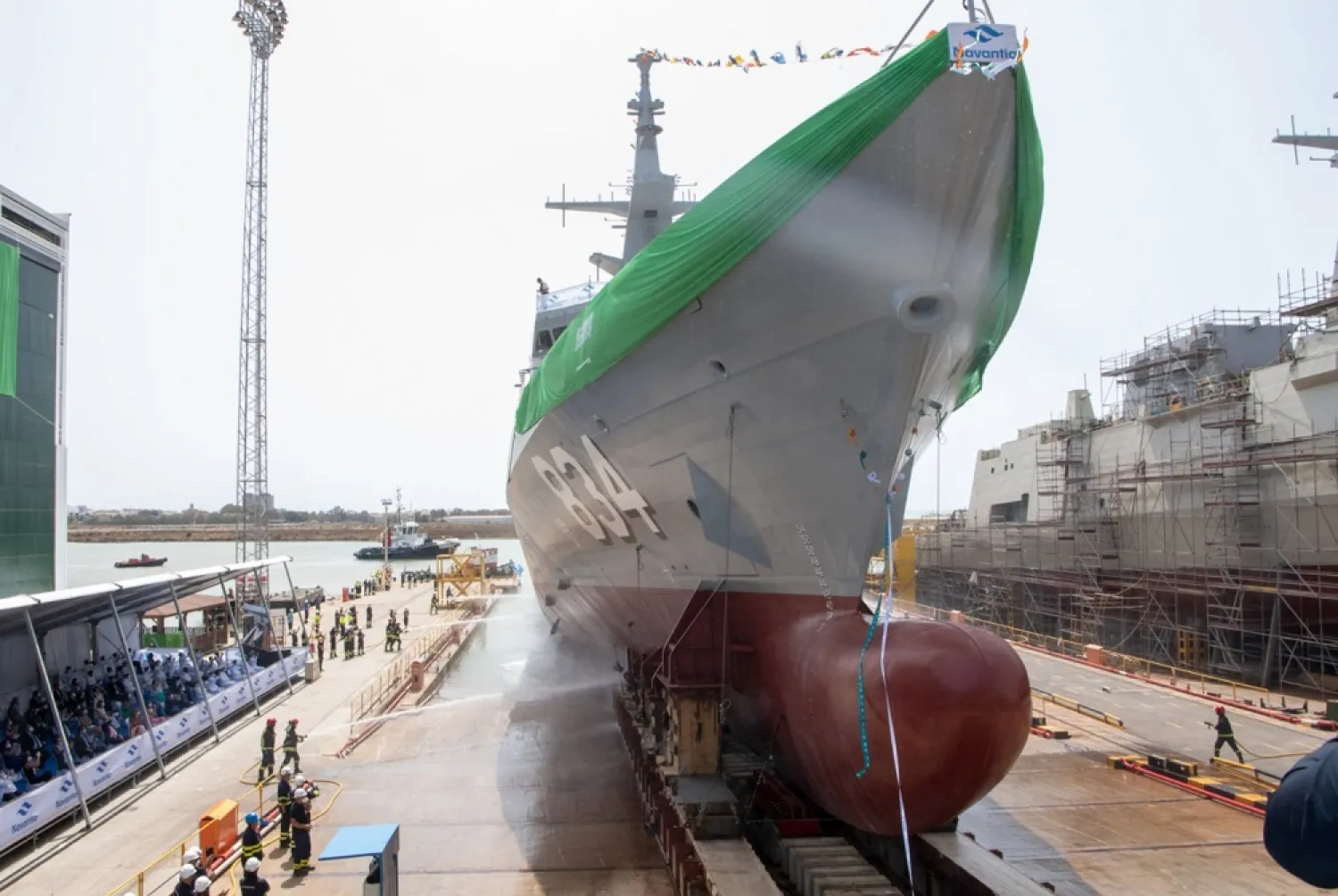 The Saudi navy's latest Avante 2200 corvetteis unveiled at the Navantia shipyard in Spain on July 24, 2021. (SPA)