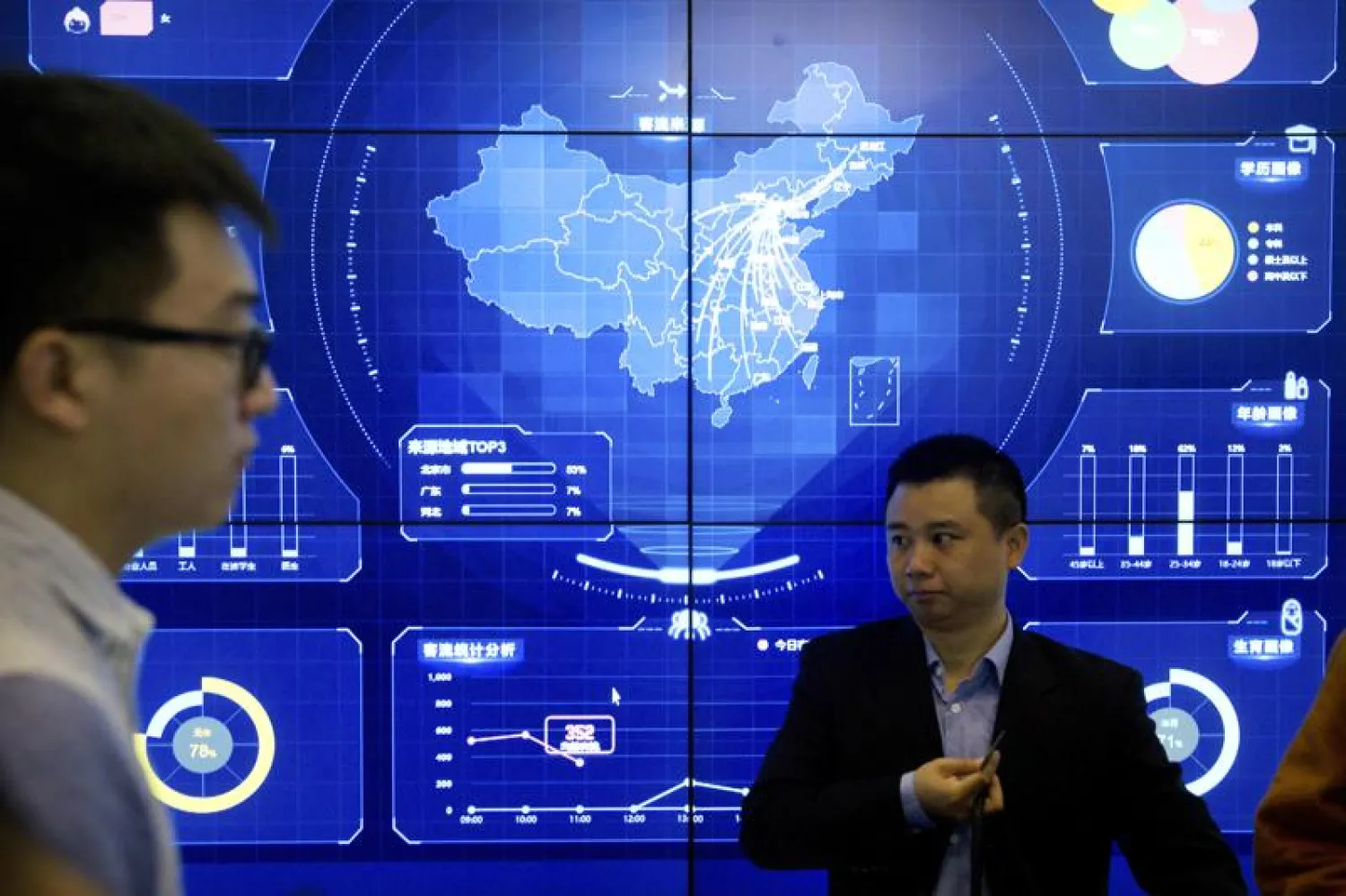 In this April 26, 2018, file photo, visitors stand in front of an electronic data display showing a map of China at the Global Mobile Internet conference in Beijing. (AP Photo/Mark Schiefelbein, File)
