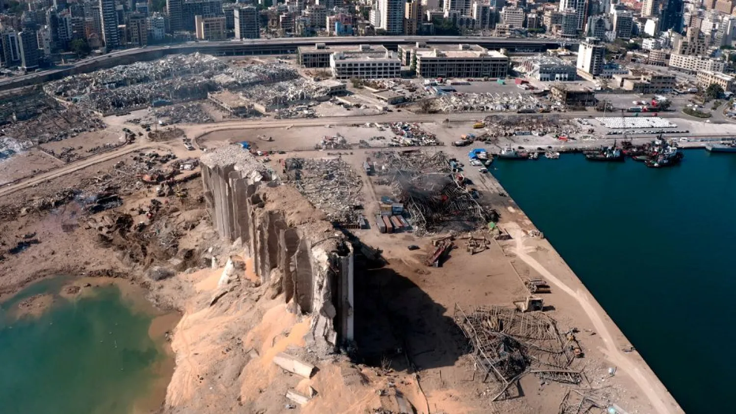 A still image taken from a drone footage shows the damage two days after an explosion in Beirut's port area, Lebanon August 6, 2020. Reuters TV/via REUTERS/File Photo