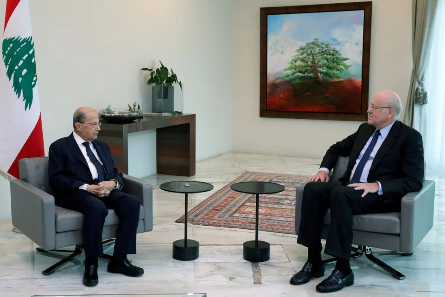 Lebanon’ President Michel Aoun meets with leading businessman Najib Mikati, the prime minister-designate, at the presidential palace in Baabda, Lebanon July 26, 2021. (Dalati & Nohra)