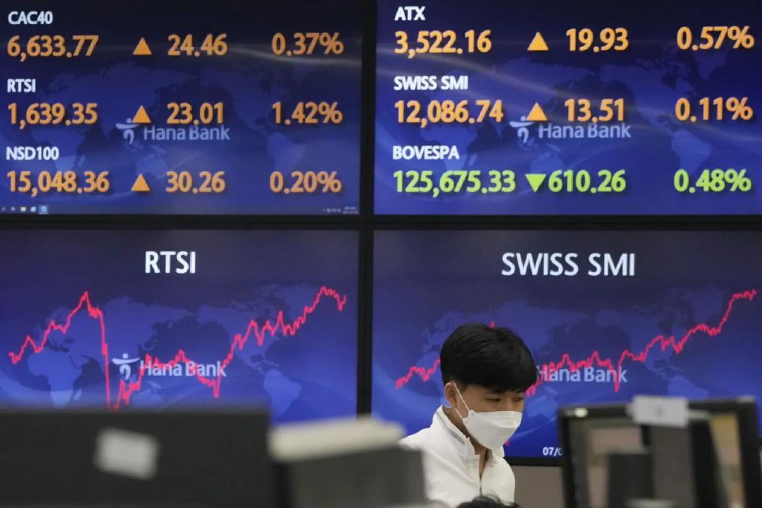 A currency trader watches monitors at the foreign exchange dealing room of the KEB Hana Bank headquarters in Seoul, South Korea, Friday, July 30, 2021. (AP Photo/Ahn Young-joon)