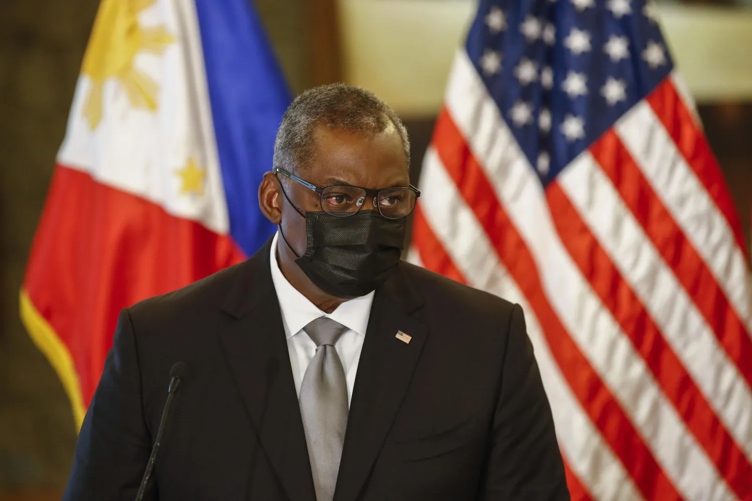 United States Defense Secretary Lloyd Austin holds a press conference with Philippines Defense Secretary Delfin Lorenzana (not in photo) after a bilateral meeting at Camp Aguinaldo military camp in Quezon City, Metro Manila, Philippines Friday, July 30, 2021. (Rolex dela Pena/Pool Photo via AP)
