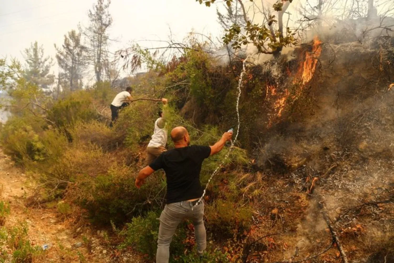 Locals try to extinguish a wildfire near the town of Manavgat, east of the resort city of Antalya, Turkey, July 31, 2021. (Reuters)