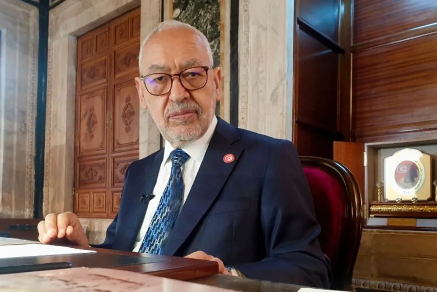 Parliament Speaker Rached Ghannouchi poses during an interview with Reuters in Tunis on March 9, 2021. (Reuters)
