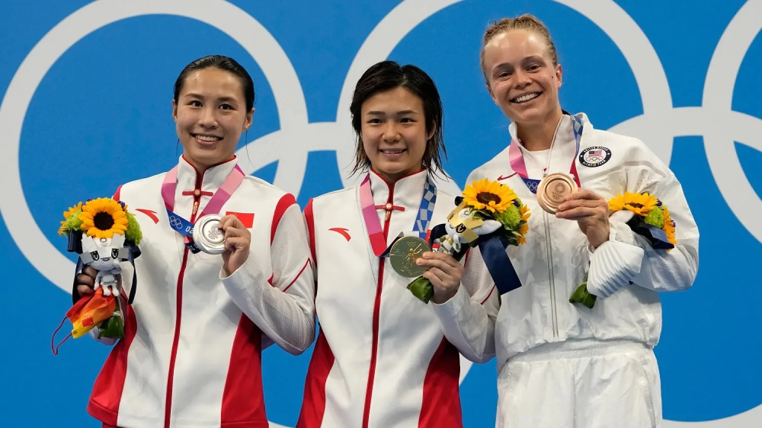 The medallists on the podium. (AP)