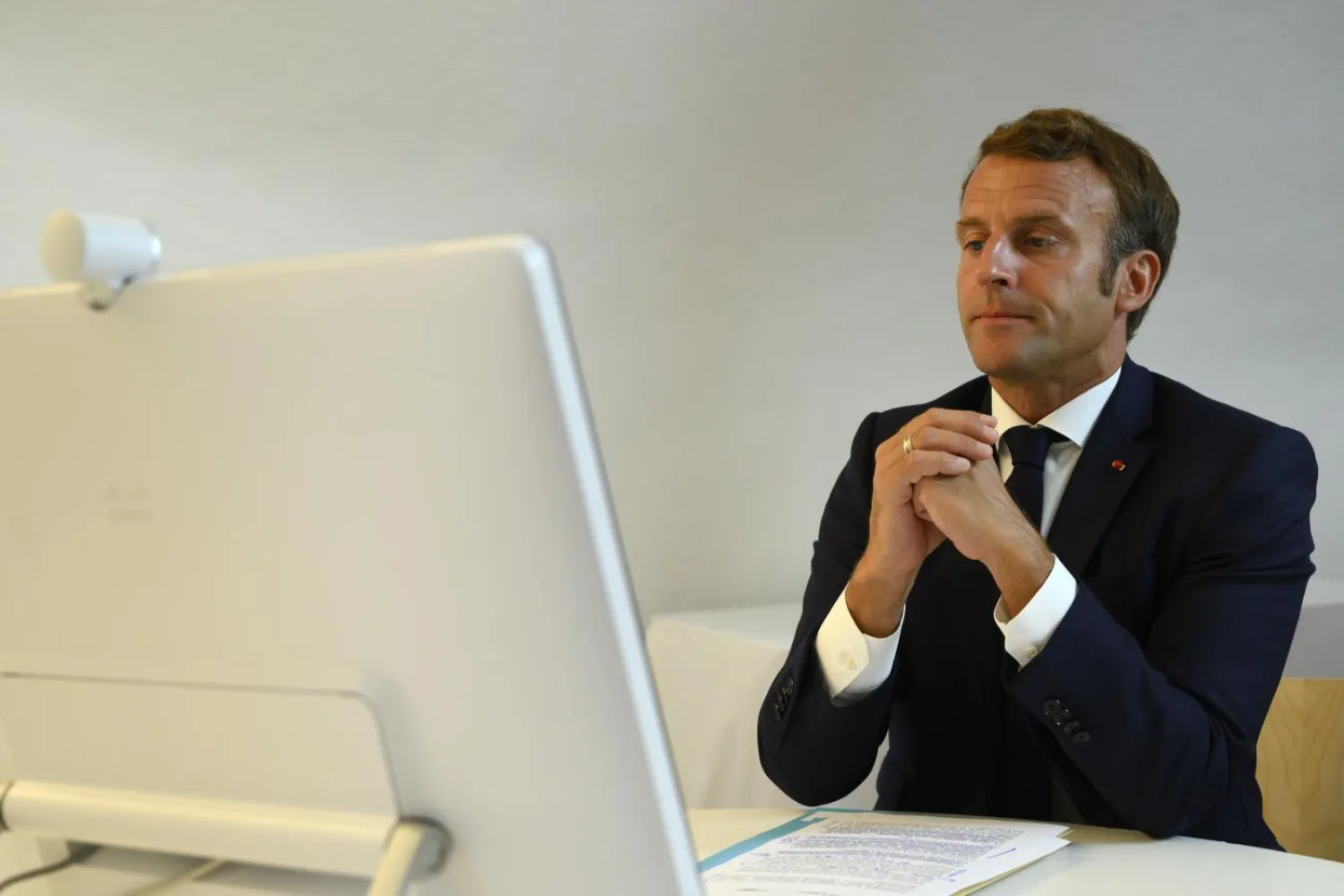 President Emmanuel Macron during a virtual donor conference on Lebanon with other world leaders, from Fort de Bregancon, southern France, on 9 August (AFP)