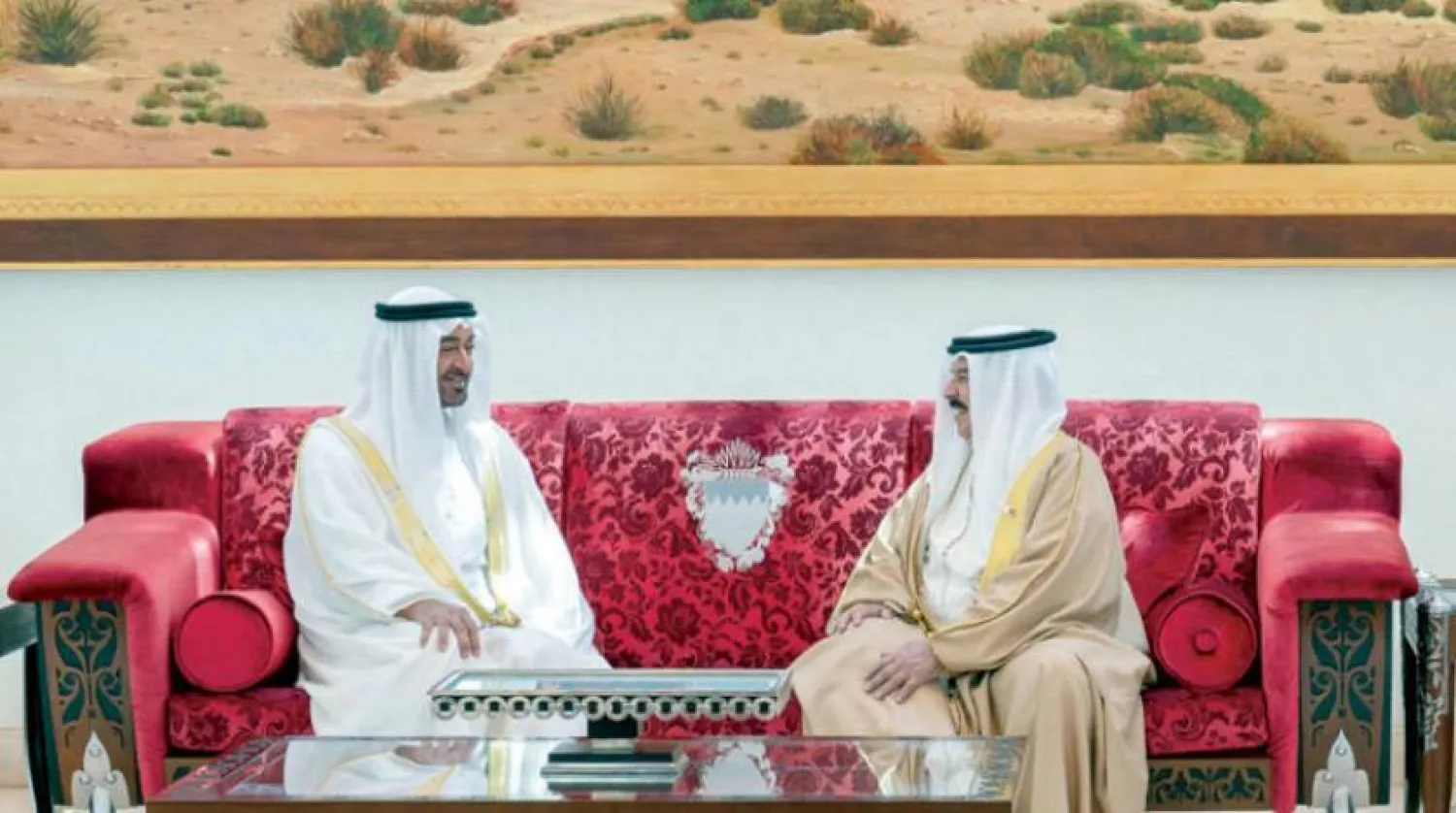 The King of Bahrain meets with the crown prince of Abu Dhabi in Manama on Tuesday. (WAM)