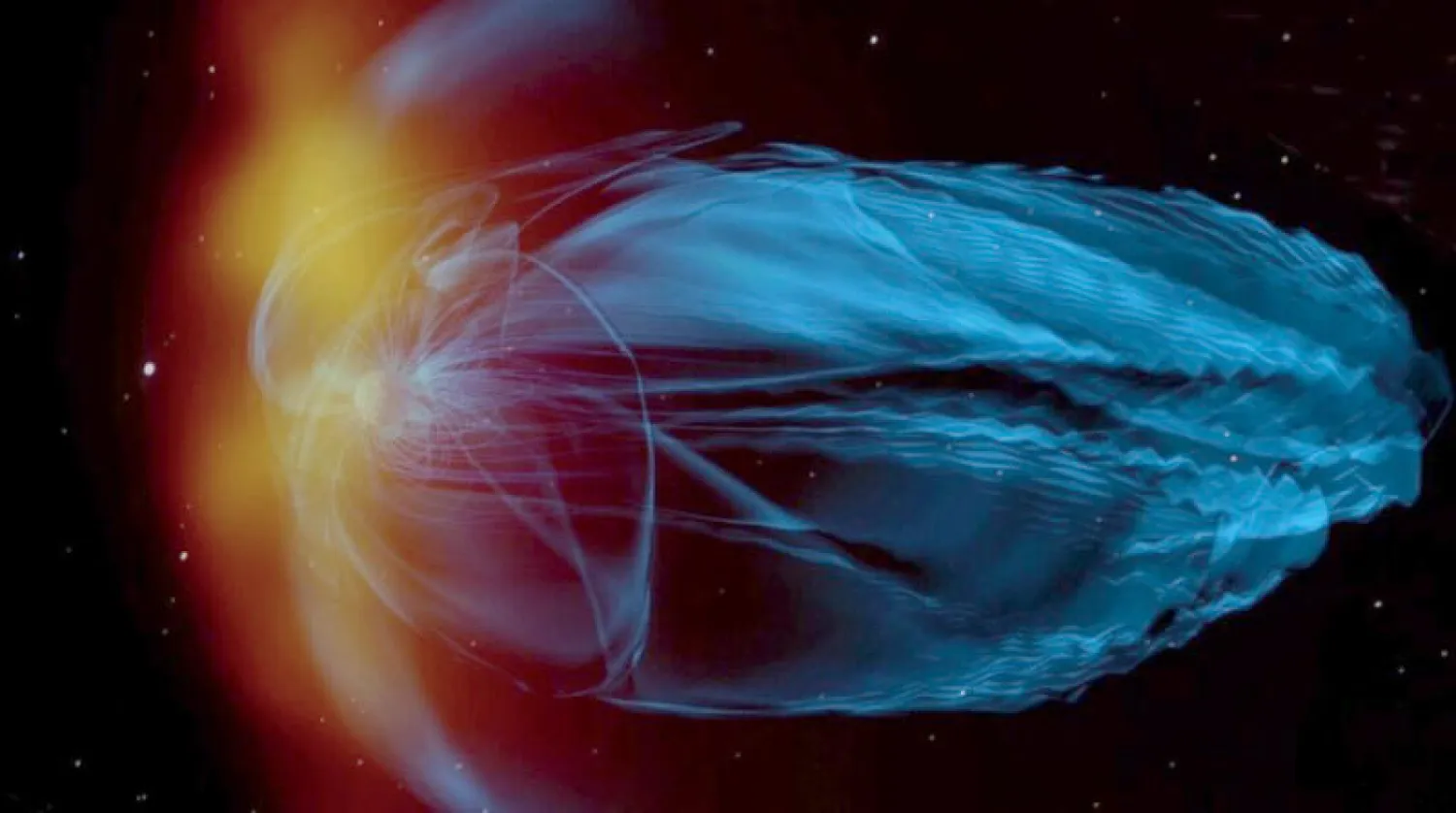 تصور فني للجزيئات المنطلقة من الشمس نحو الأرض (الفريق البحثي)