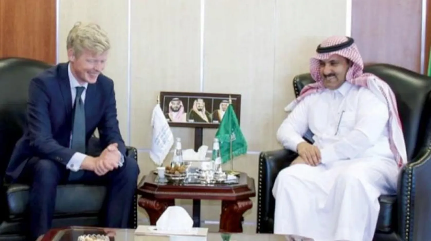 Saudi Ambassador to Yemen Mohamed Al Jaber meeting with the UN Special Envoy for Yemen Hans Grundberg when he was still the European Union’s ambassador to the war-torn country (Twitter)