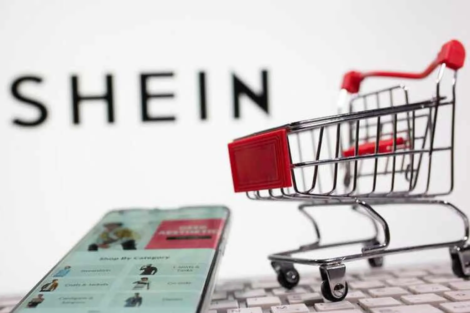  A keyboard and a shopping cart are seen in front of a displayed Shein logo in this illustration picture taken October 13, 2020. Reuters/Dado Ruvic/Illustration
