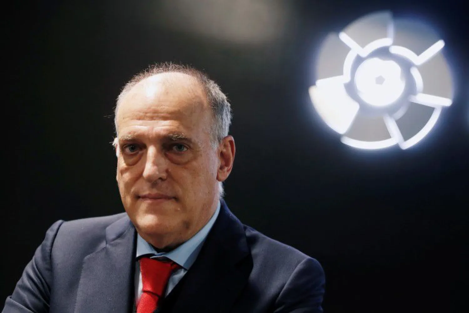La Liga President Javier Tebas poses before an online interview with Reuters at the La Liga headquarters in Madrid, Spain January 27, 2021. (Reuters)