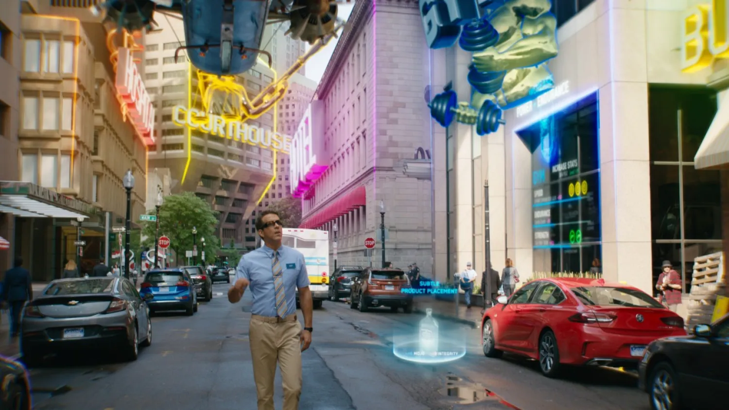 This image released by 20th Century Studios shows Ryan Reynolds in a scene from “Free Guy.” (20th Century Studios via AP)