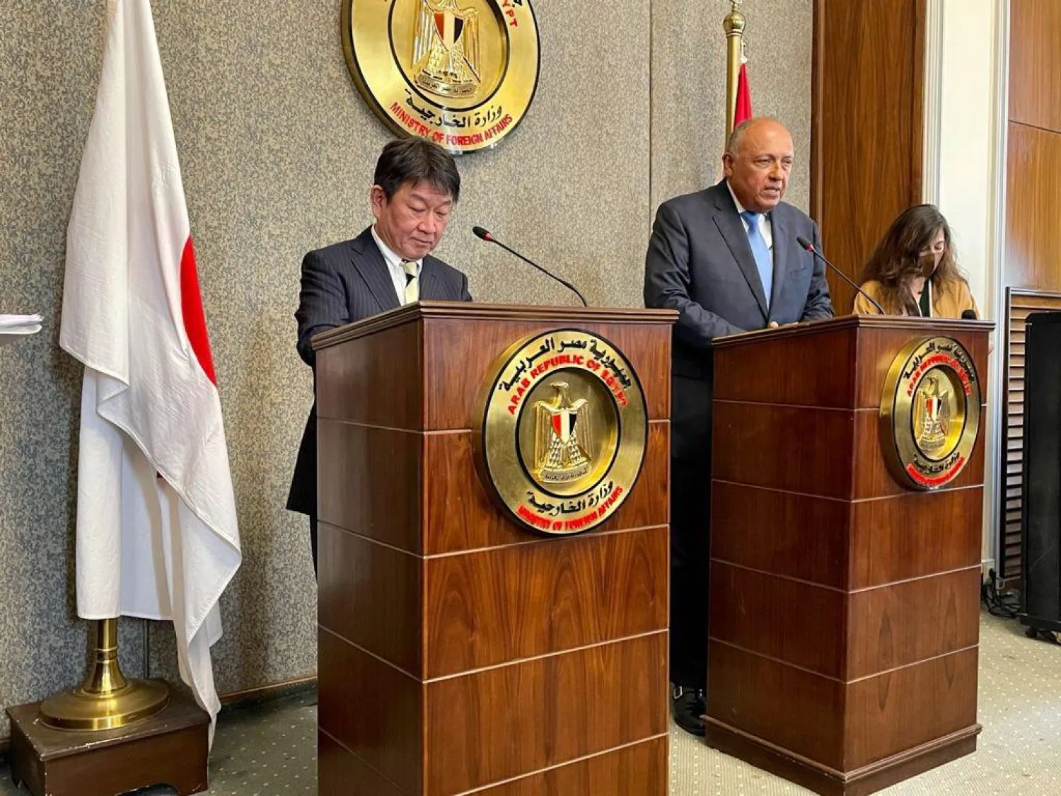 Egyptian Foreign Minister Sameh Shoukry and his Japanese counterpart Toshimitsu Motegi during the press conference (Egyptian Foreign Ministry)
