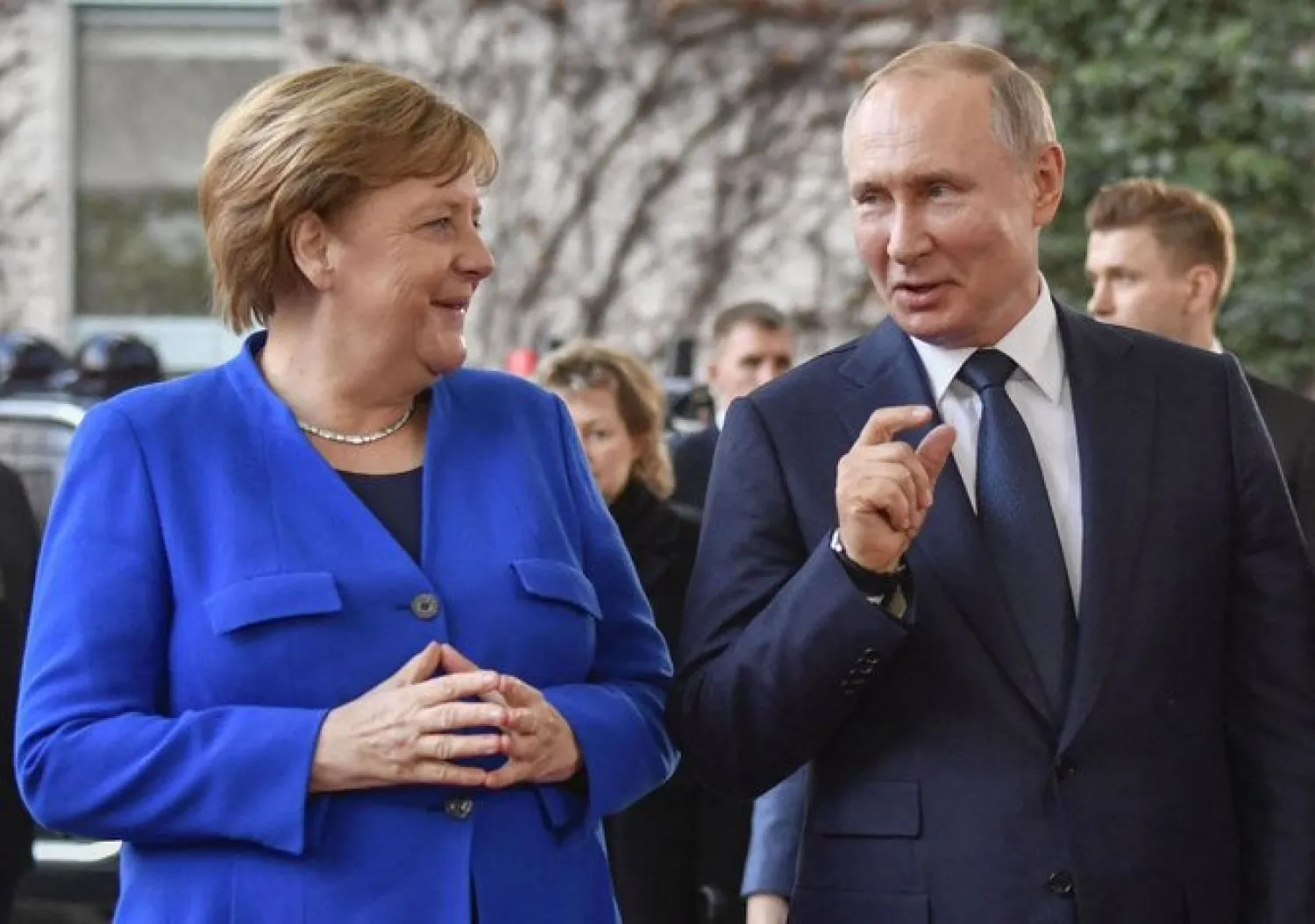 Chancellor Angela Merkel greets Russian President Vladimir Putin upon arrival to the Peace summit on Libya at the Chancellery in Berlin. (File/AFP)

