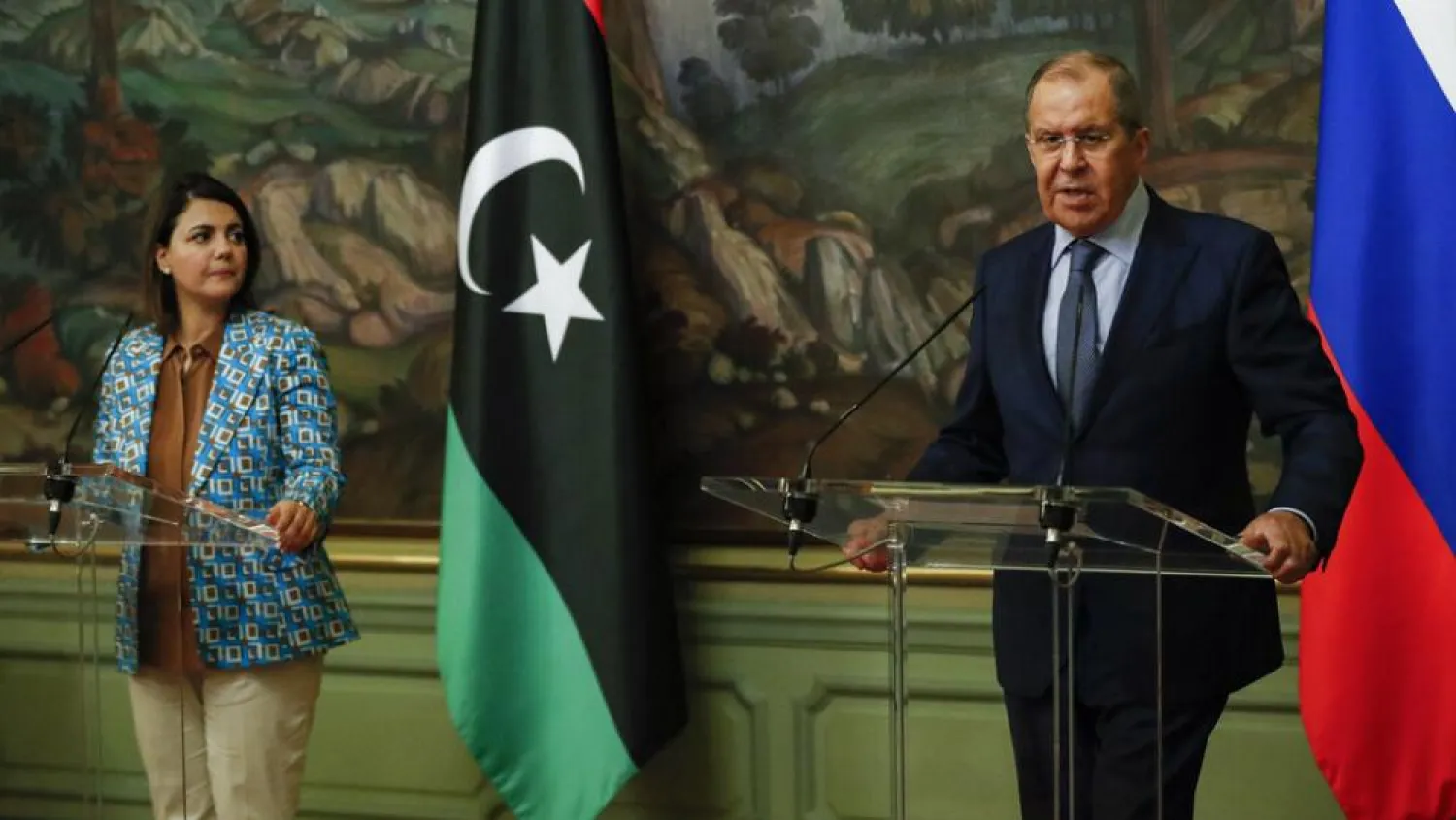 The Libyan and Russian FMs hold a press conference in Moscow on Thursday. (AP)