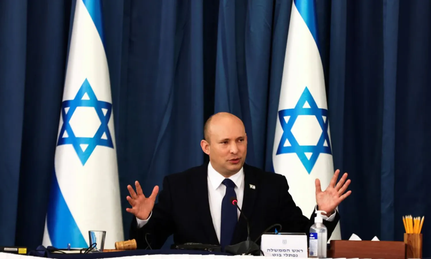 Israeli Prime Minister Naftali Bennett speaks at the weekly cabinet meeting at the Foreign Ministry in Jerusalem August 8, 2021. REUTERS/Ronen Zvulun/Pool