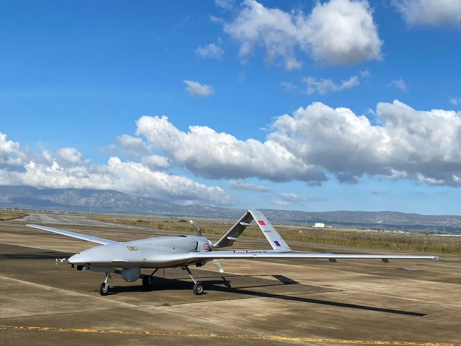 A Turkish-made Bayraktar TB2 drone is seen shortly after its landing at an airport in Gecitkala, known as Lefkoniko in Greek, in Cyprus, Monday, Dec. 16, 2019. (AP)