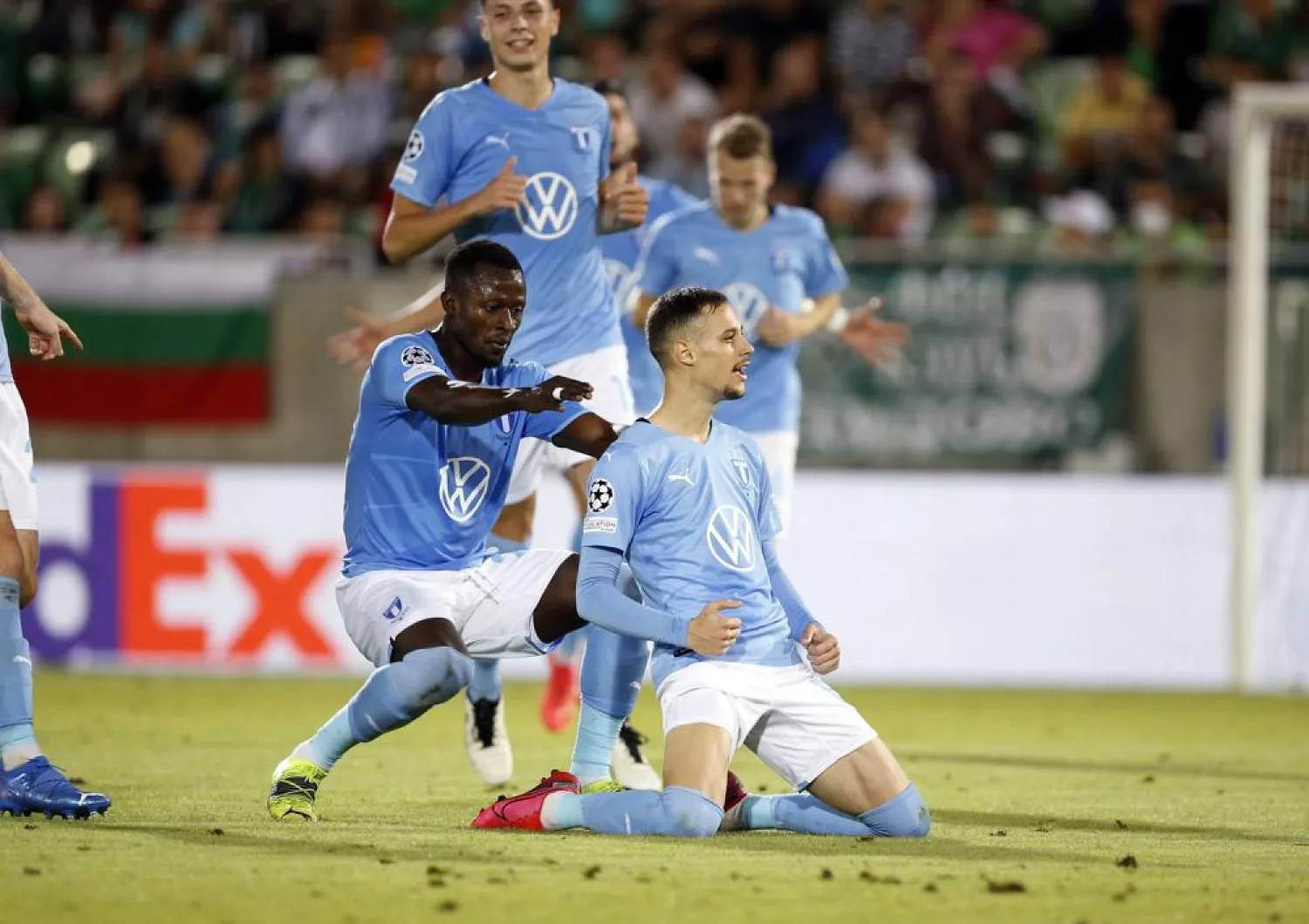 Malmo's Veljko Birmancevic celebrates after scoring during the Champions League play-off second leg match between Bulgaria's PFC Ludogorets 1945 and Sweden's Malmo FF at the Ludogorets Arena stadium in Razgrad, Bulgaria, Tuesday, Aug. 24, 2021. (AP)
