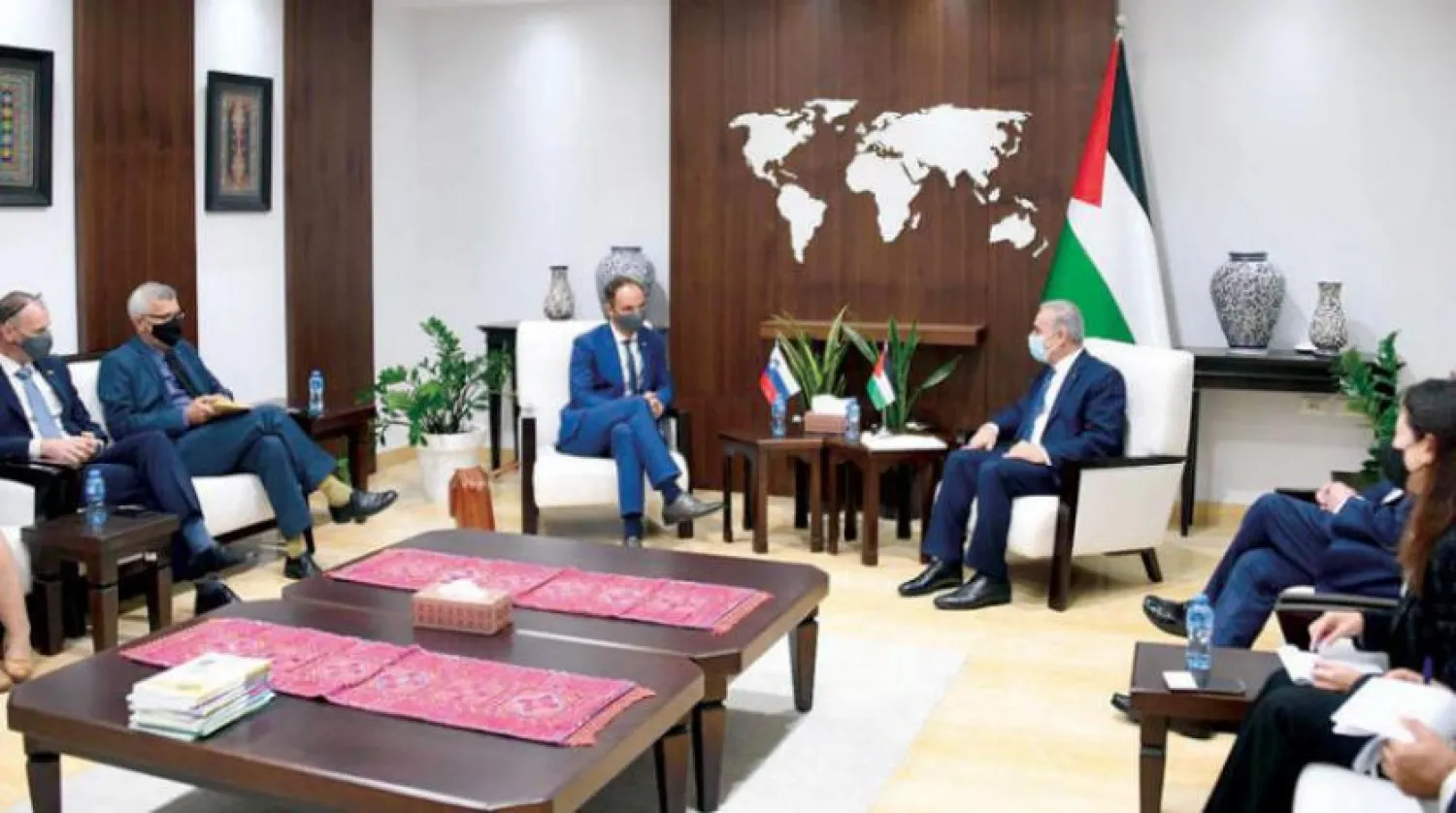 Prime Minister Mohammad Shtayyeh meets with Slovenian Foreign Minister Anze Logar. (WAFA Images)