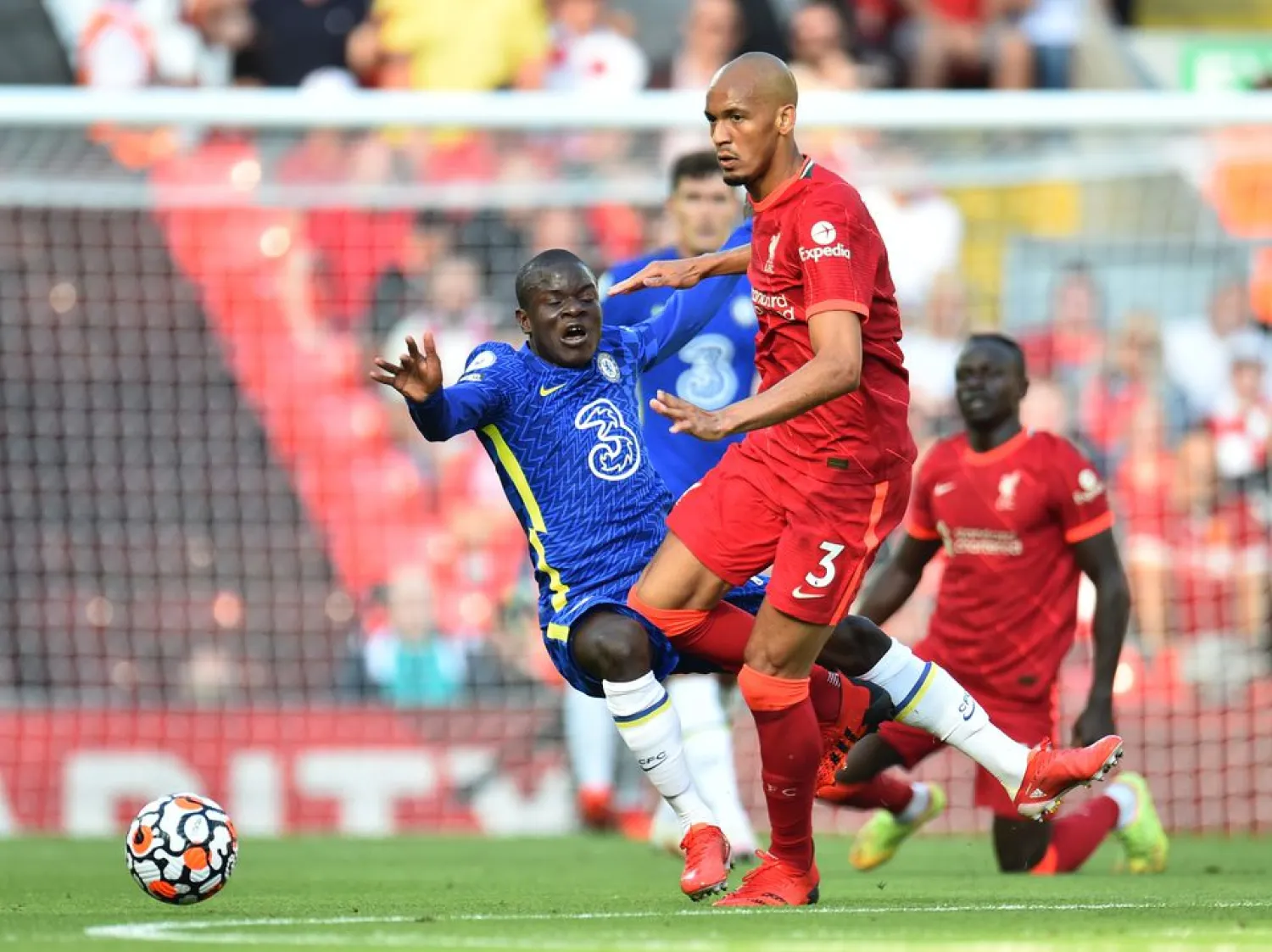 Chelsea's N'Golo Kante in action with Liverpool's Fabinho on Saturday. (Reuters)