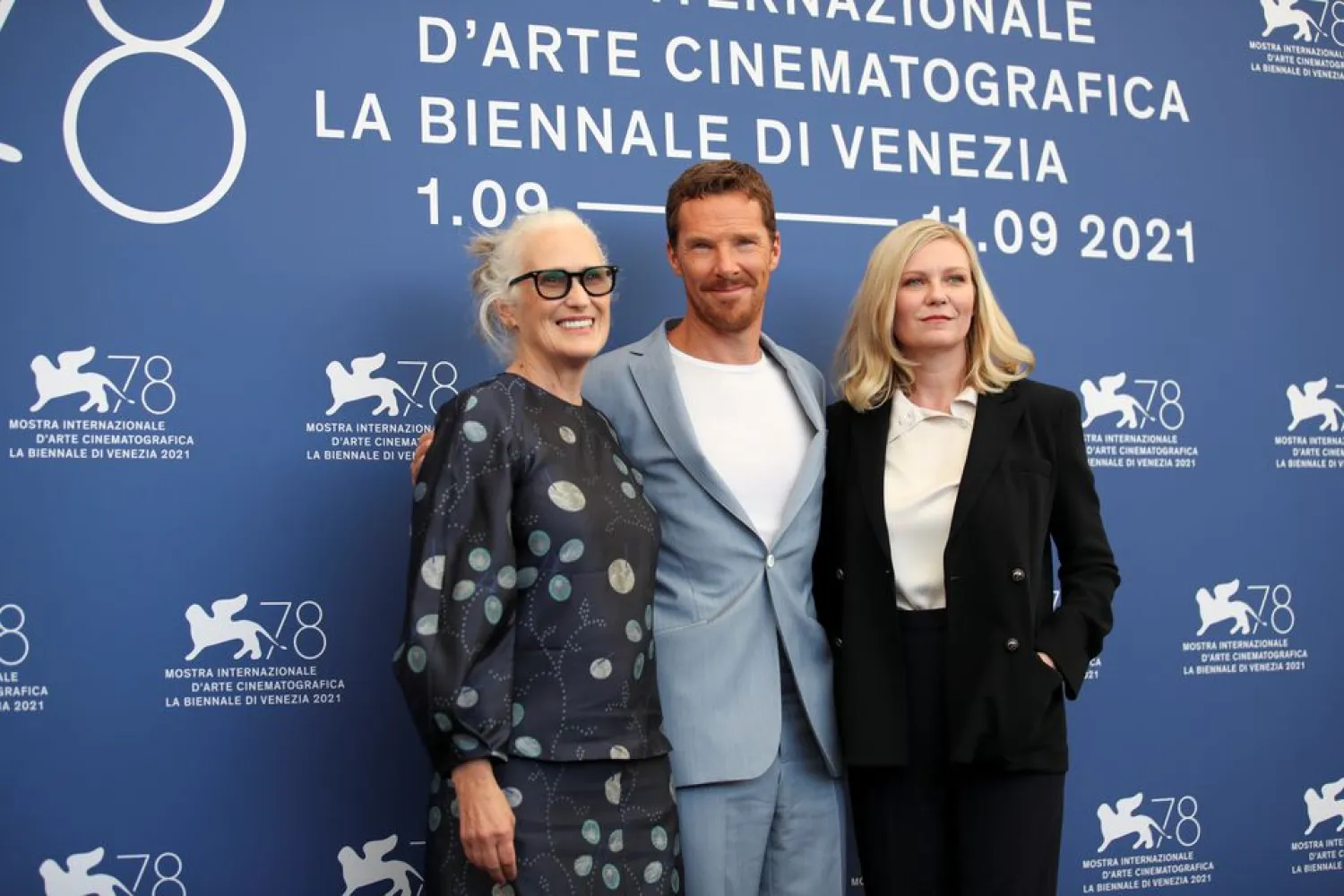 Director Jane Campion, actors Benedict Cumberbatch and Kirsten Dunst pose during the 78th Venice International Film Festival, in Venice, Italy, September 2, 2021. (Reuters)