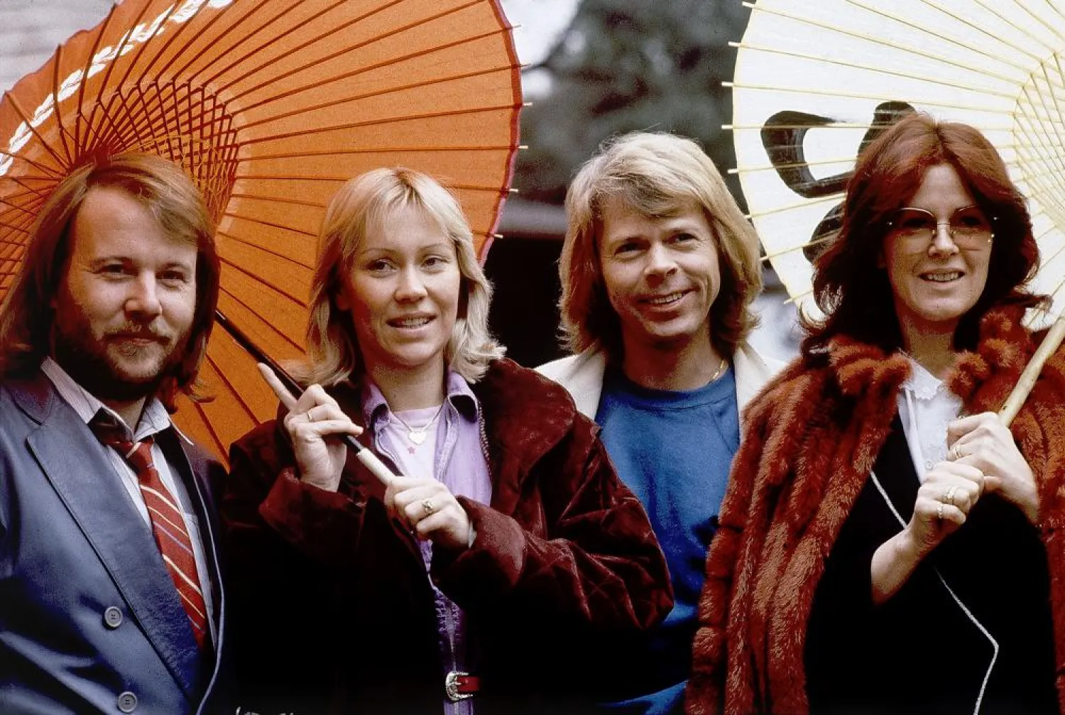 FILE - Members of the pop group ABBA, from left, Benny Andersson, Agnetha Foltskog, Bjorn Ulvaeus and Anni-Frid Lyngstad, appear in Tokyo on March 14, 1980. (AP Photo/Tsugufumi Matsumoto, File)
