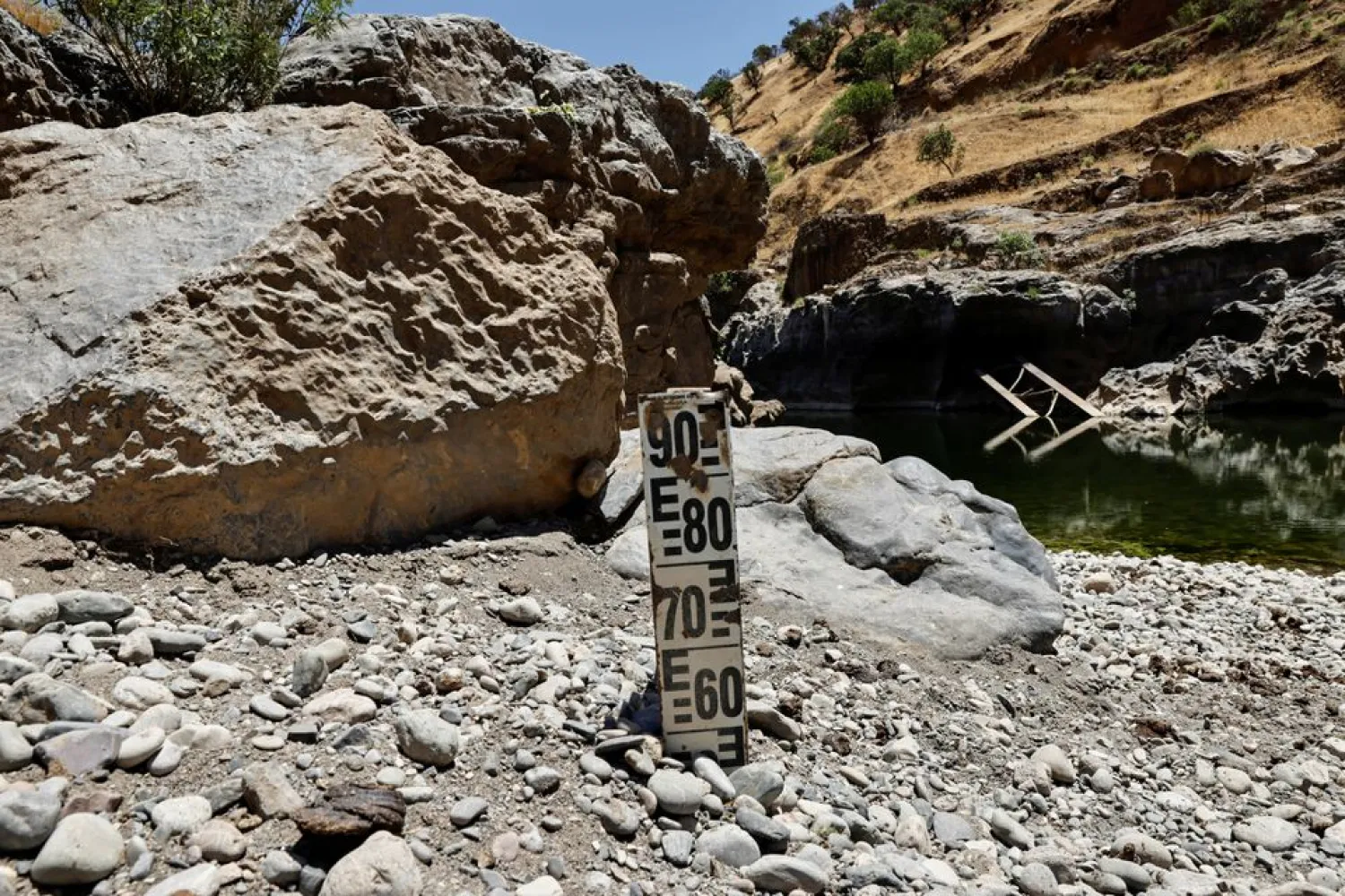 A view of the riverbed, dotted with measuring poles indicating water levels, at the Sirwan River on the outskirts of Halabja, Iraq June 12, 2021. Picture taken June 12, 2021. (Reuters)