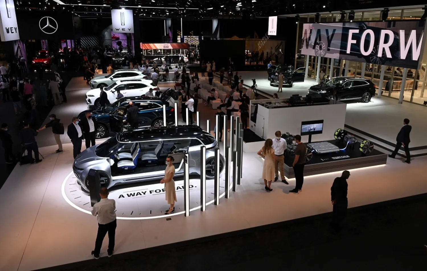 The booth of Chinese carmaker Great Wall Motors (GWM) is seen during a press preview at the International Motor Show (IAA), in Munich, Germany, Sept. 6, 2021. (AFP)