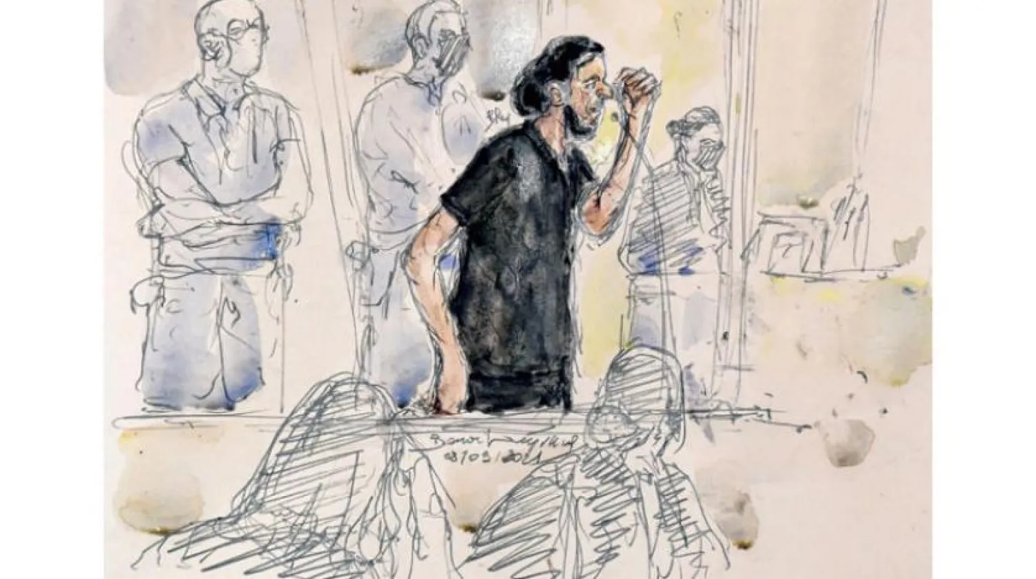 Salah Abdusselam’ın dün mahkeme salonundaki ifadesini yansıtan bir çizim (AFP)