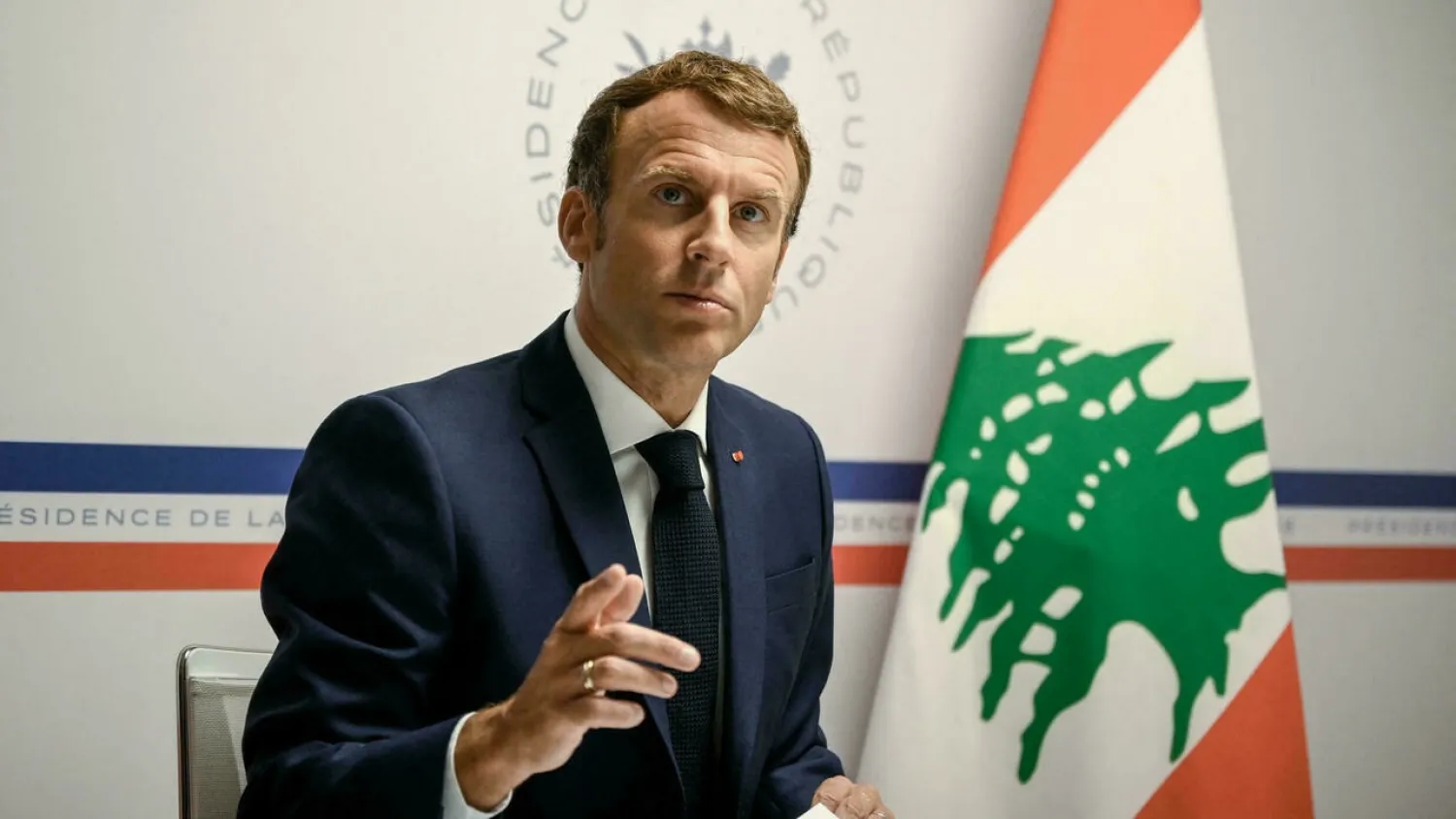 French President Emmanuel Macron gestures as he attends the Lebanon donors’ conference, which brought together representatives of international institutions and heads of state online, at the Fort de Brégançon in Bormes-les-Mimosas, southern France, on August 4, 2021. (AFP)