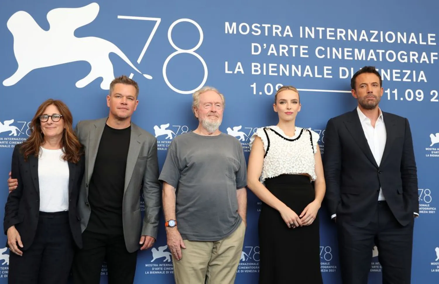 Nicole Holofcener, director Ridley Scott and actors Ben Affleck, Matt Damon, Jodie Comer pose at the Venice Film Festival, September 10, 2021. (Reuters)