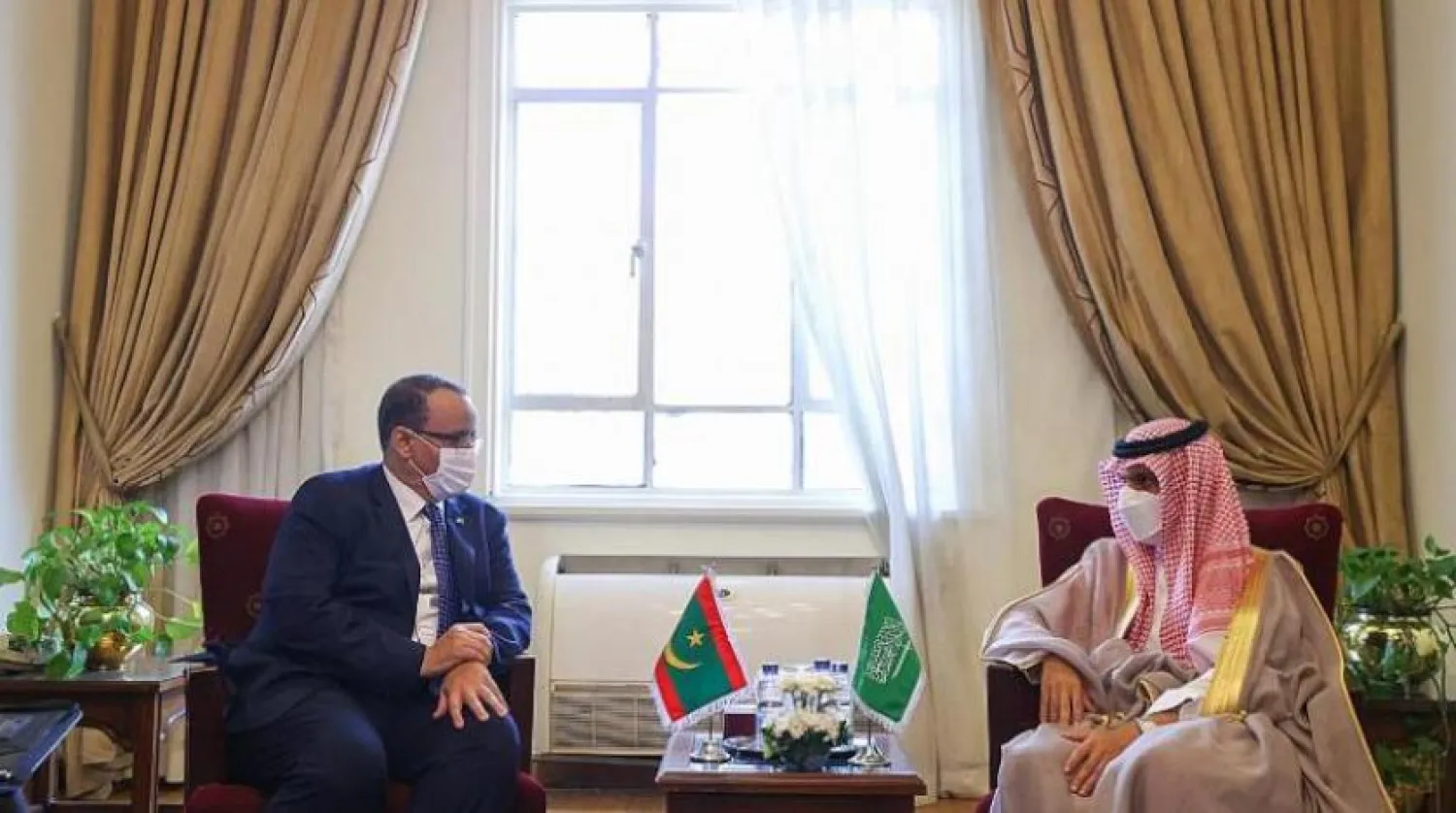 Saudi FM Prince Faisal bin Farhan (R) meets with Mauritanian FM Ismail Ould Cheikh Ahmed (L) in Cairo on Thursday (SPA)
