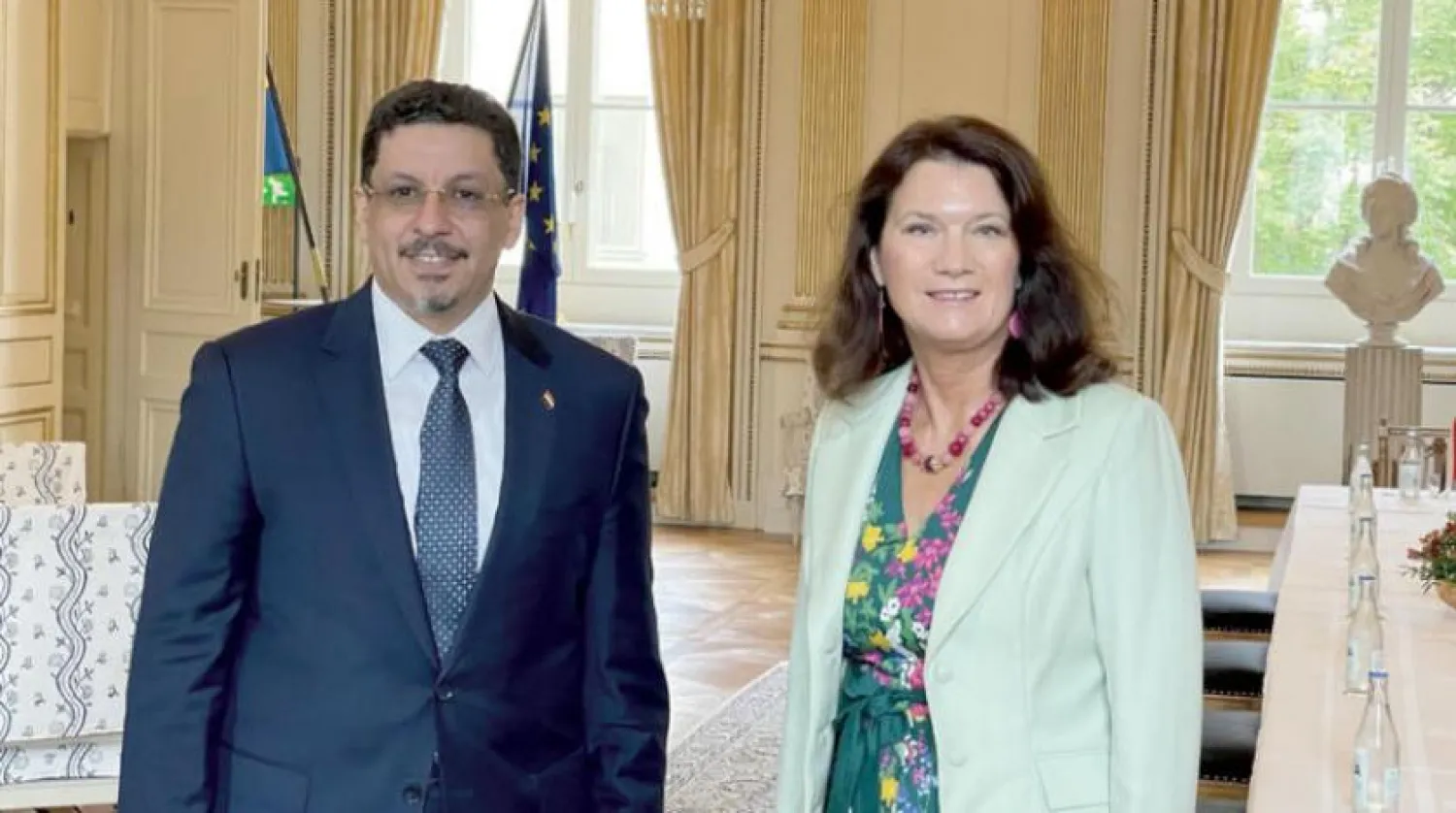 Yemeni Foreign Minister Ahmed bin Mubarak and Swedish Foreign Minister Ann Linde meet in Stockholm (Twitter)