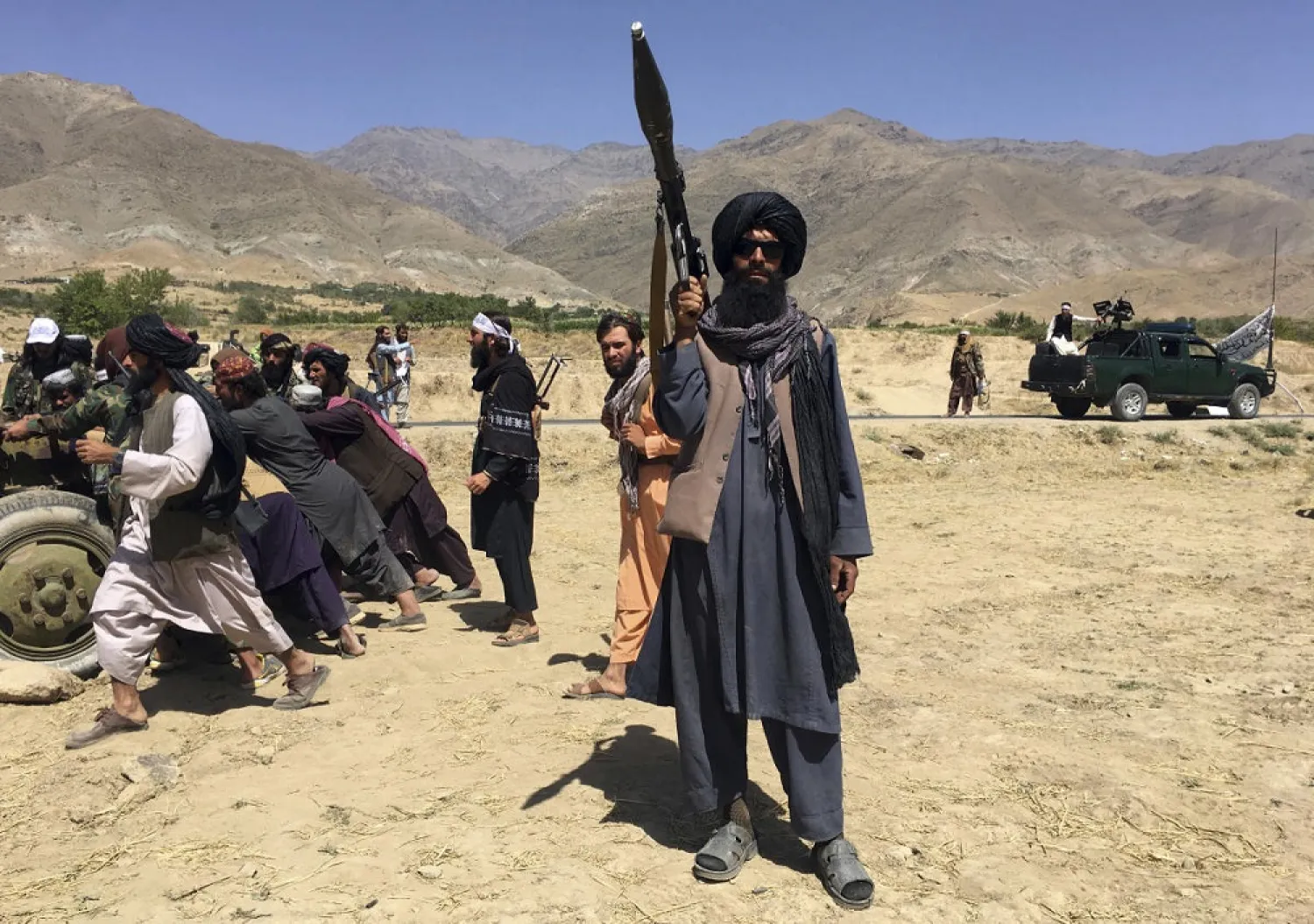 Taliban soldiers stand guard in Panjshir province northeastern of Afghanistan, Wednesday, Sept. 8, 2021. (AP)