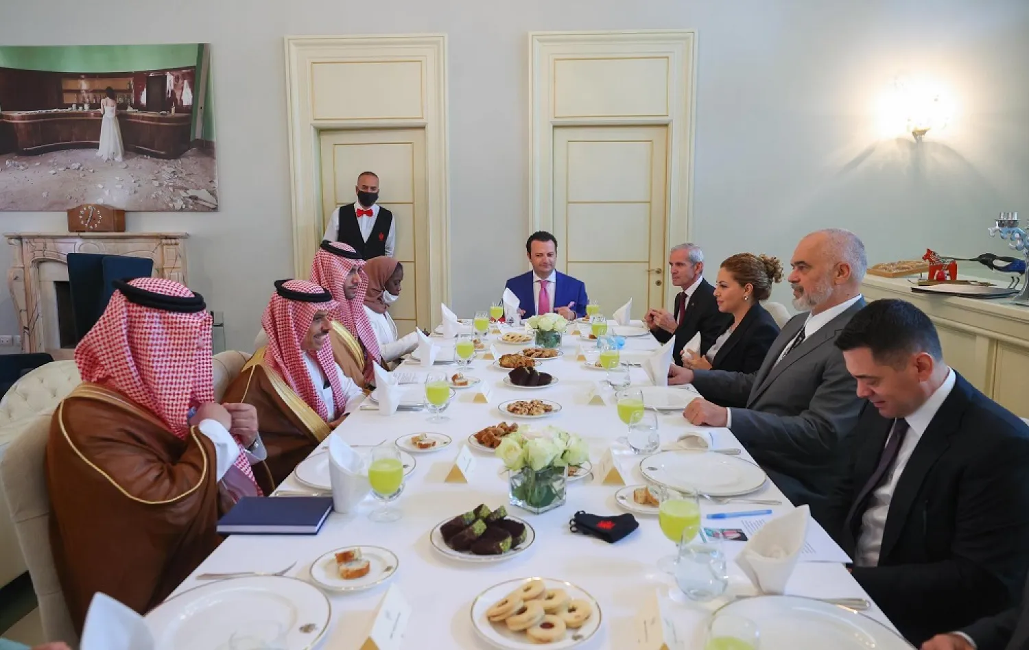 Prince Faisal meets with the Albanian prime minister in Tirana. (SPA)