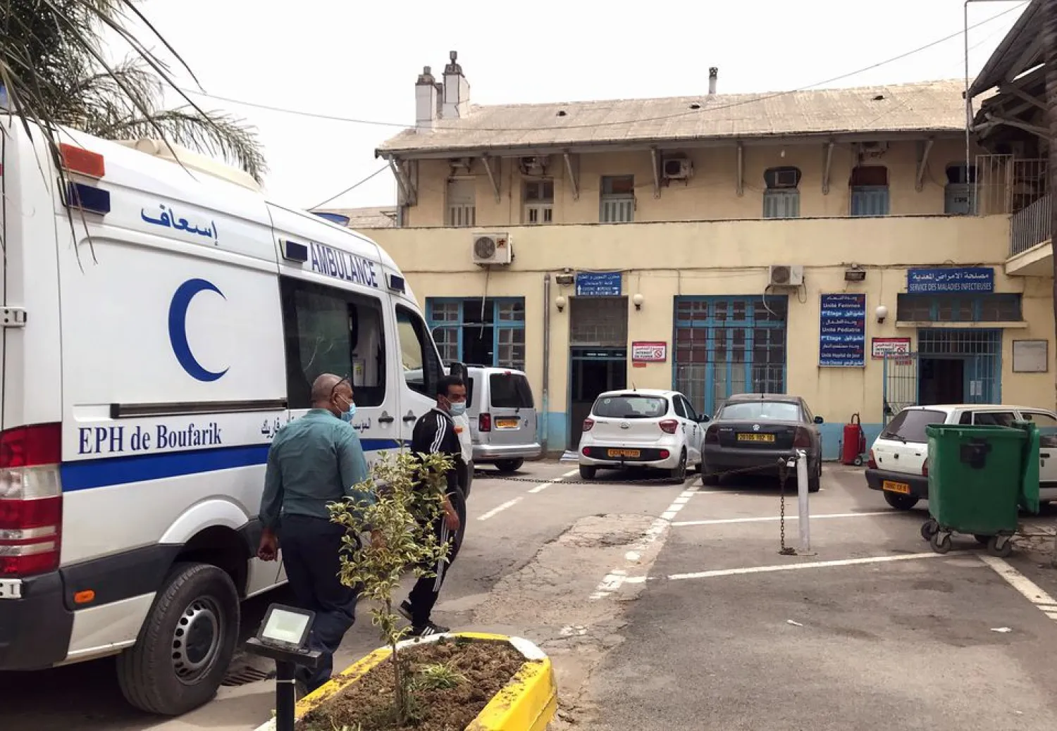 An ambulance is parked outside the infectious diseases department at Boufarik Hospital, amid the coronavirus disease (COVID-19) outbreak, in Boufarik, Algeria May 26, 2021. REUTERS/Abdelaziz Boumzar